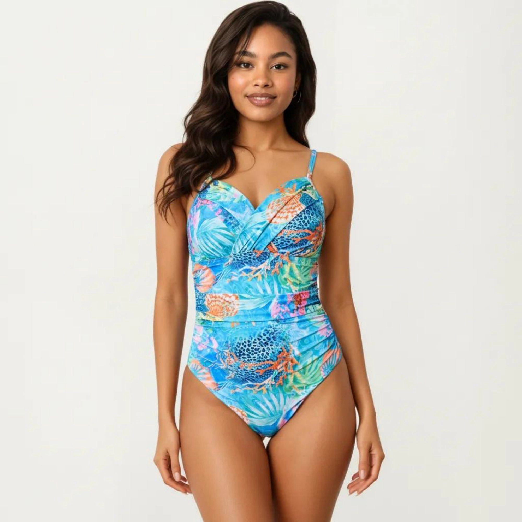 Anna-Kaci Women One Piece Swimsuit V-Neck Wrap Front Ruched Waist Tropical Print