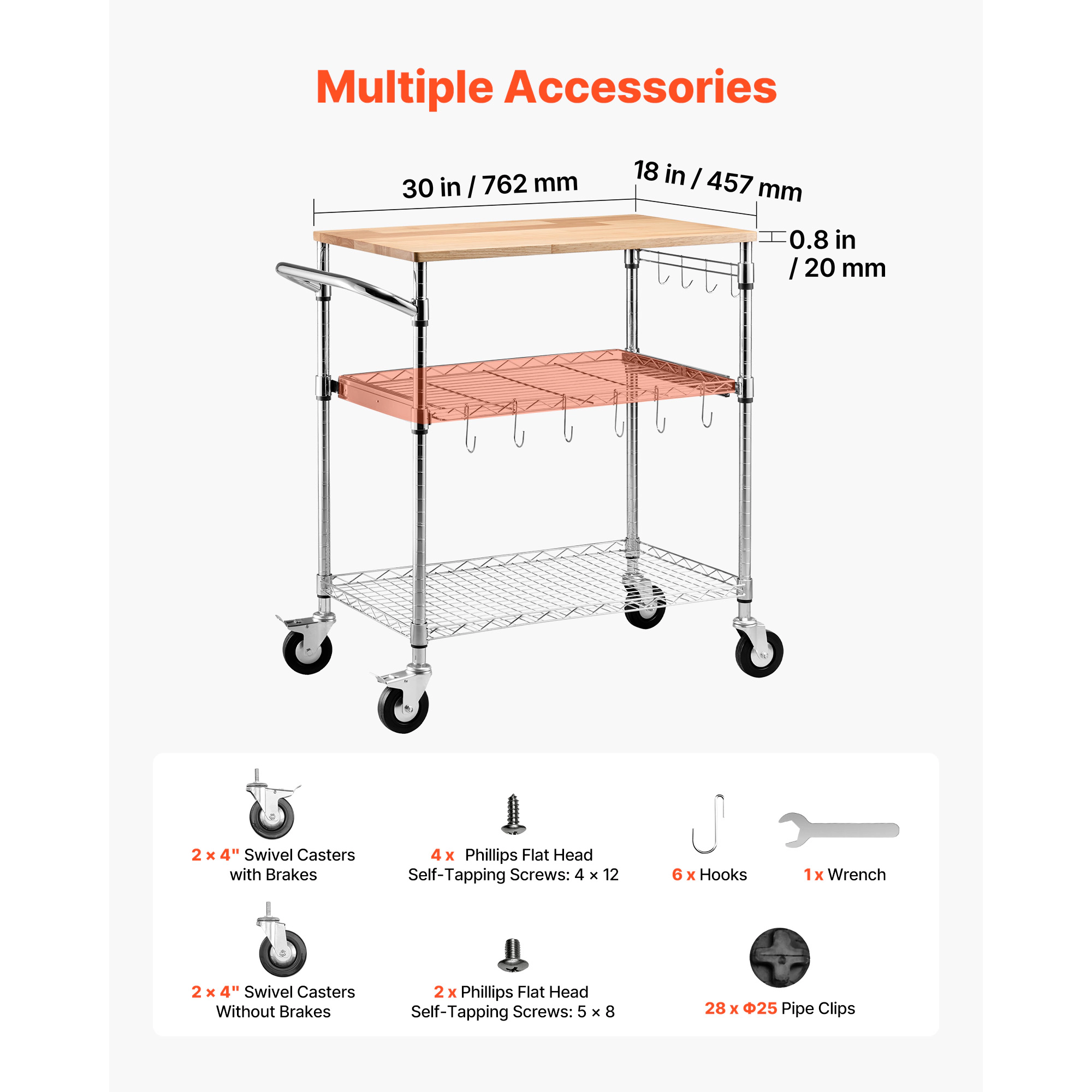 HONGGE Kitchen Utility Cart 3 Tier Heavy Duty Adjustable Wire Storage Rack Commercial Steel Rolling Service Trolley on