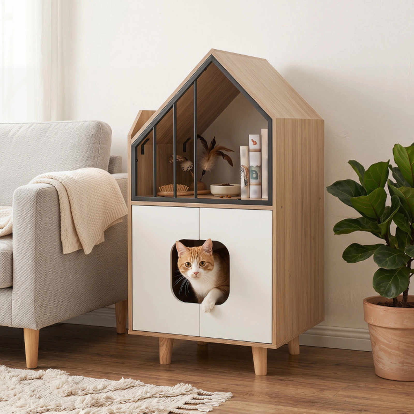 SUGIFT 20 x 39.5-in 44-lb Shelf Capacity Natural House-Shaped Tall Cat Litter Box Enclosure with Fence Window