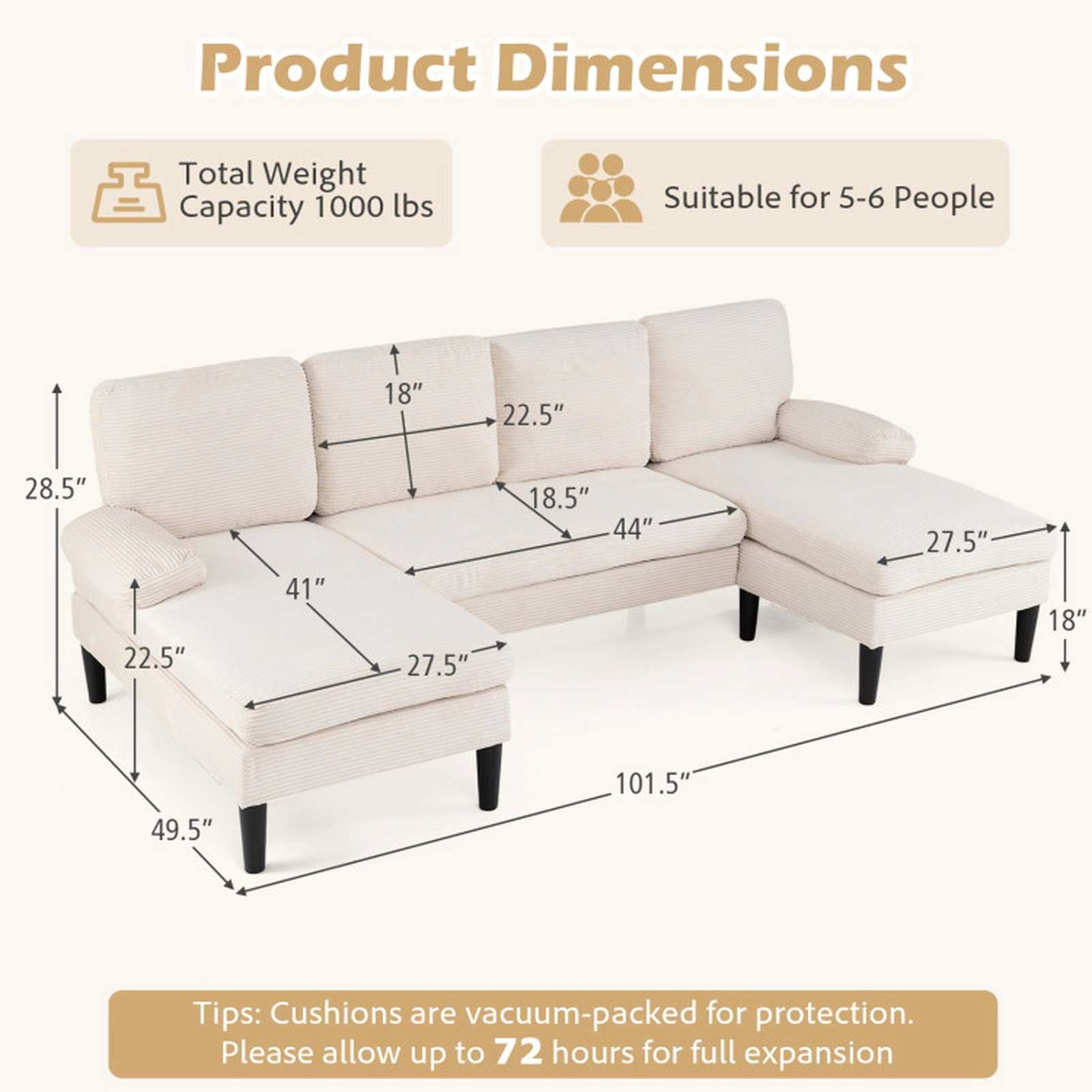 SUGIFT 101.5-Inch Beige U-Shaped Sectional Sofa with Double Chaise and Pocket Springs