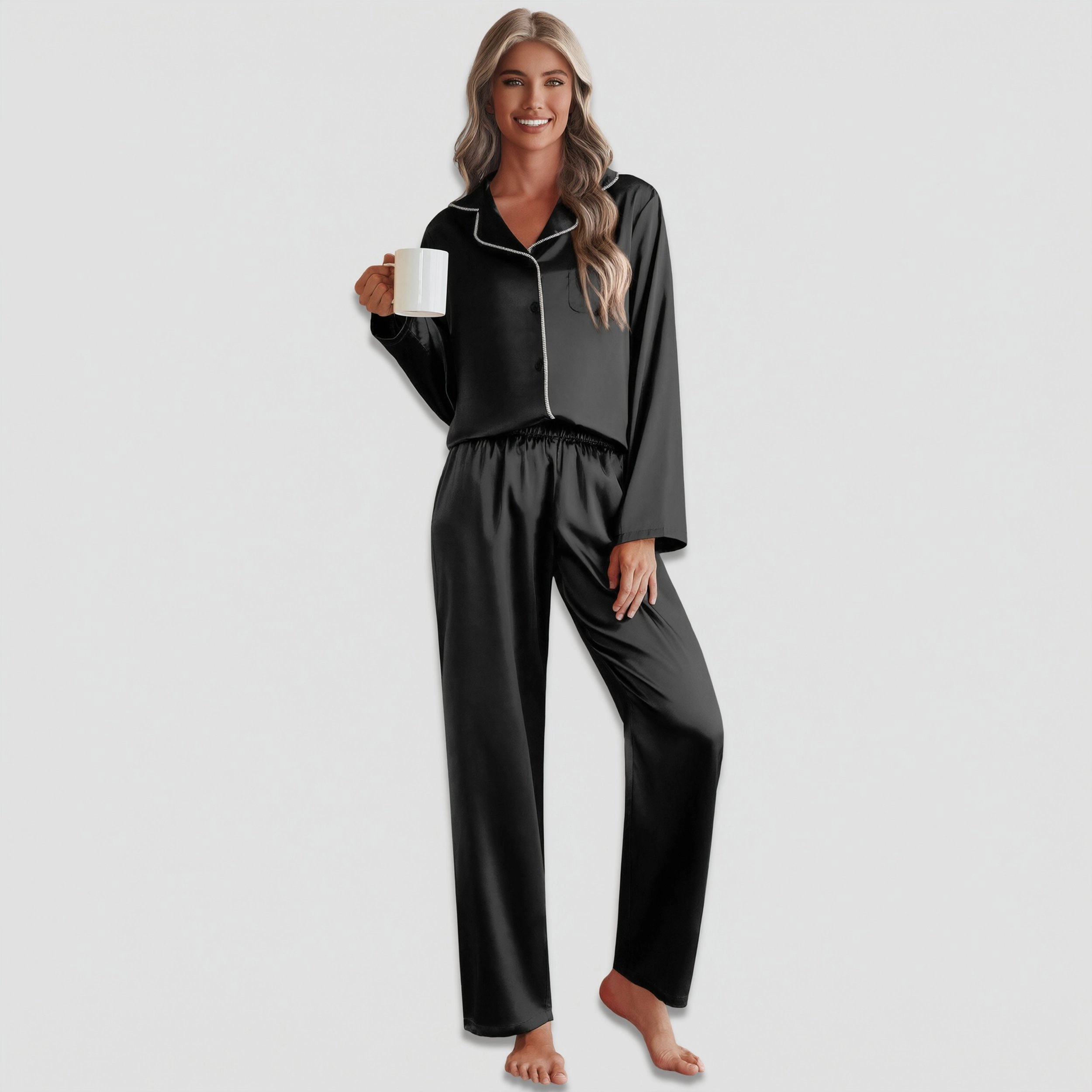 Ekouaer Pajamas Set Silk Two Piece Satin Sleepwear Long Sleeve Button Down With Pant