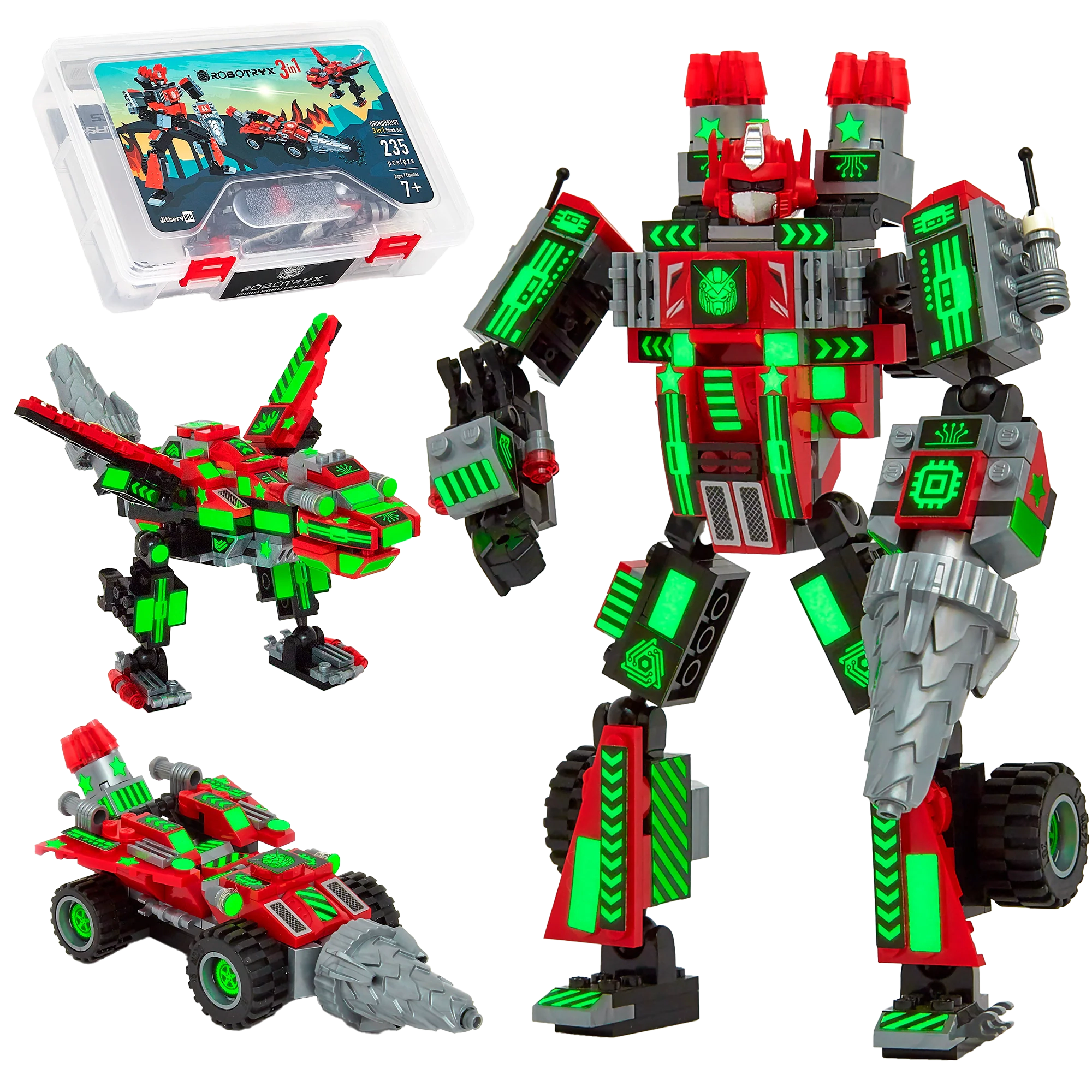 Robotryx Kids Grindburst 3-in-1 Robot Building Set - 235-Piece Red & Black Mech with Drills & Missiles