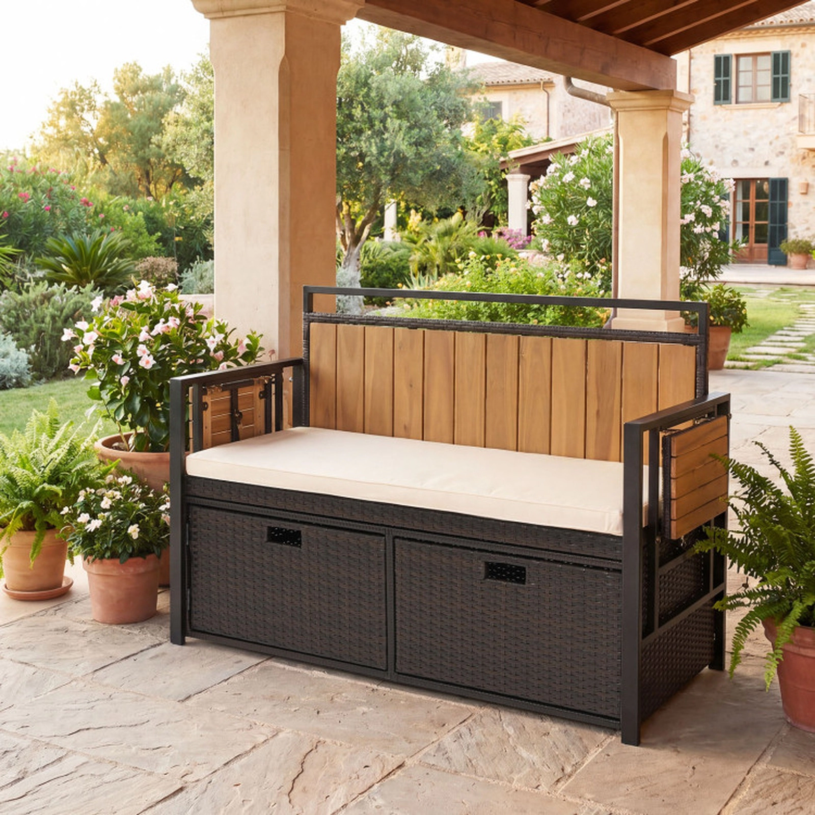 SUGIFT 2-Seater Outdoor Storage Bench, PE Rattan, Folding Side Tables, Cushion, 705-lb Capacity