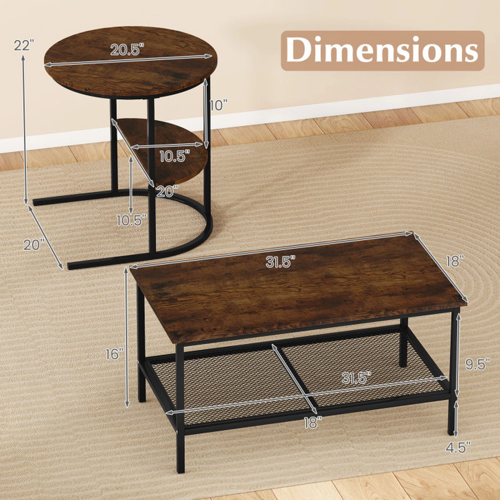 SUGIFT Set of 2 100-lb Capacity 2-Tier Rectangle Coffee Table and Round Side End Table with Mesh Shelf