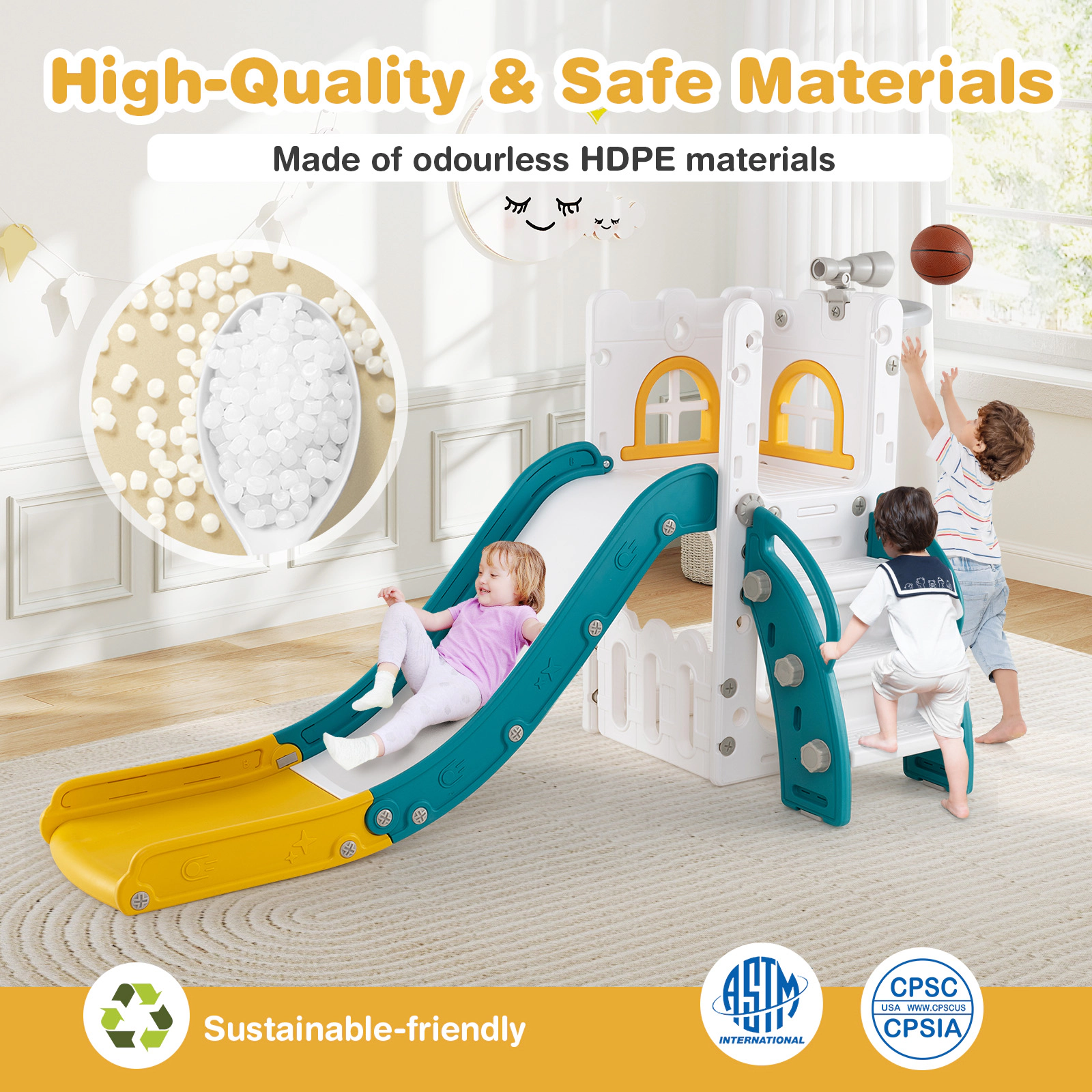 SUGIFT 6-in-1 110-lb Capacity L-Shaped Toddler Slide with Telescope Climber Basketball Hoop and Ladder