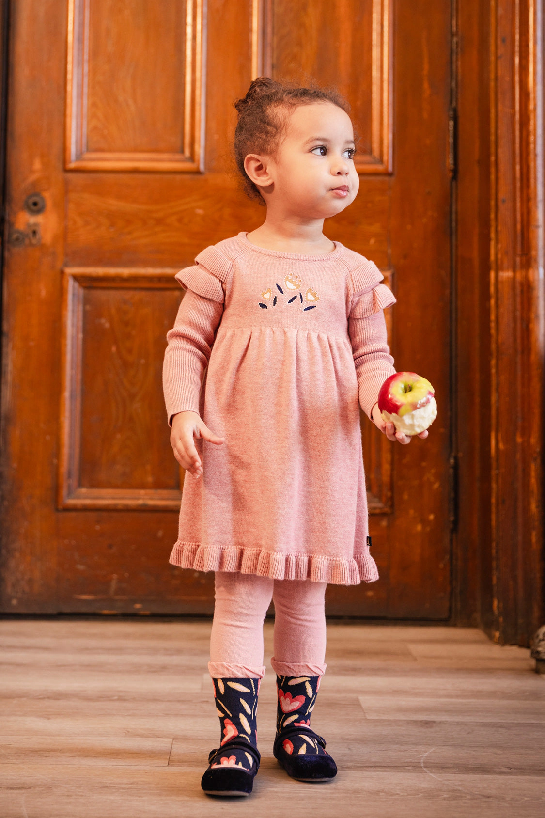 Deux par Deux Girls Ruffled Floral Detail Knitted Dress