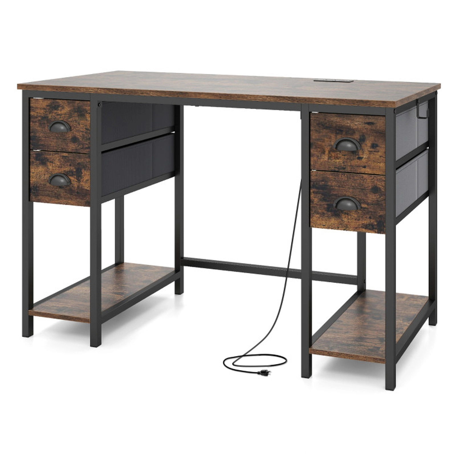 SUGIFT 48-in Computer Desk with Power Outlet 110-lb Tabletop Capacity with 4 Fabric Drawers Rustic Brown & Black