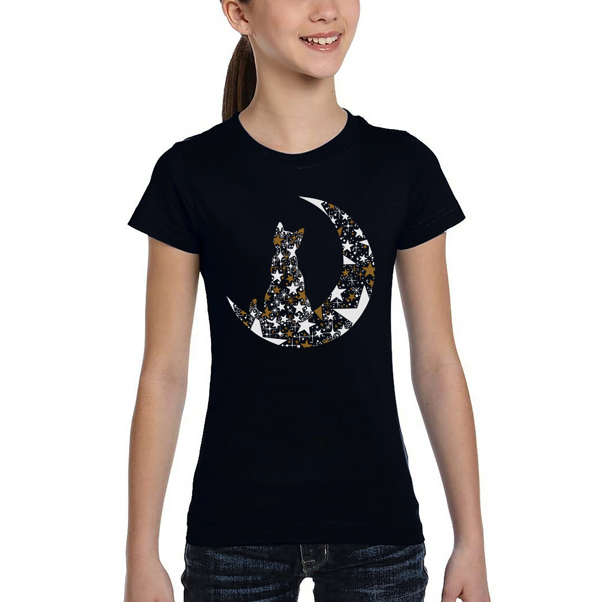 LA Pop Art Girls Word T-Shirt - Cat Sitting On Moon