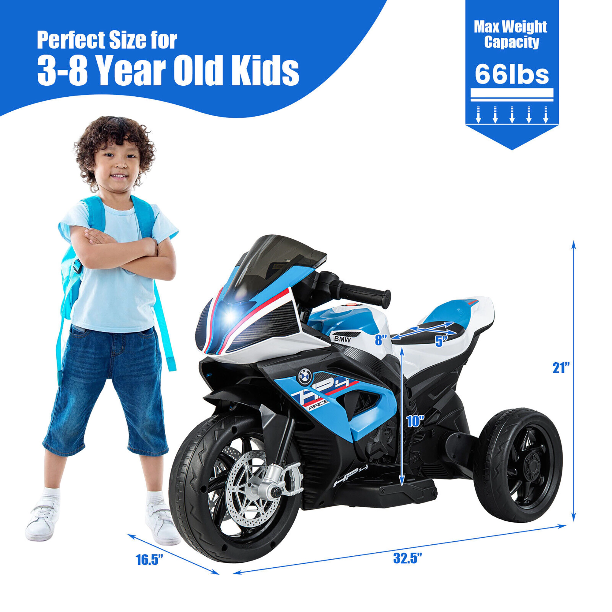 Costway 12V Kids Ride on Motorcycle Licensed BMW 3 Wheels Electric Toy w/ Light & Music Blue