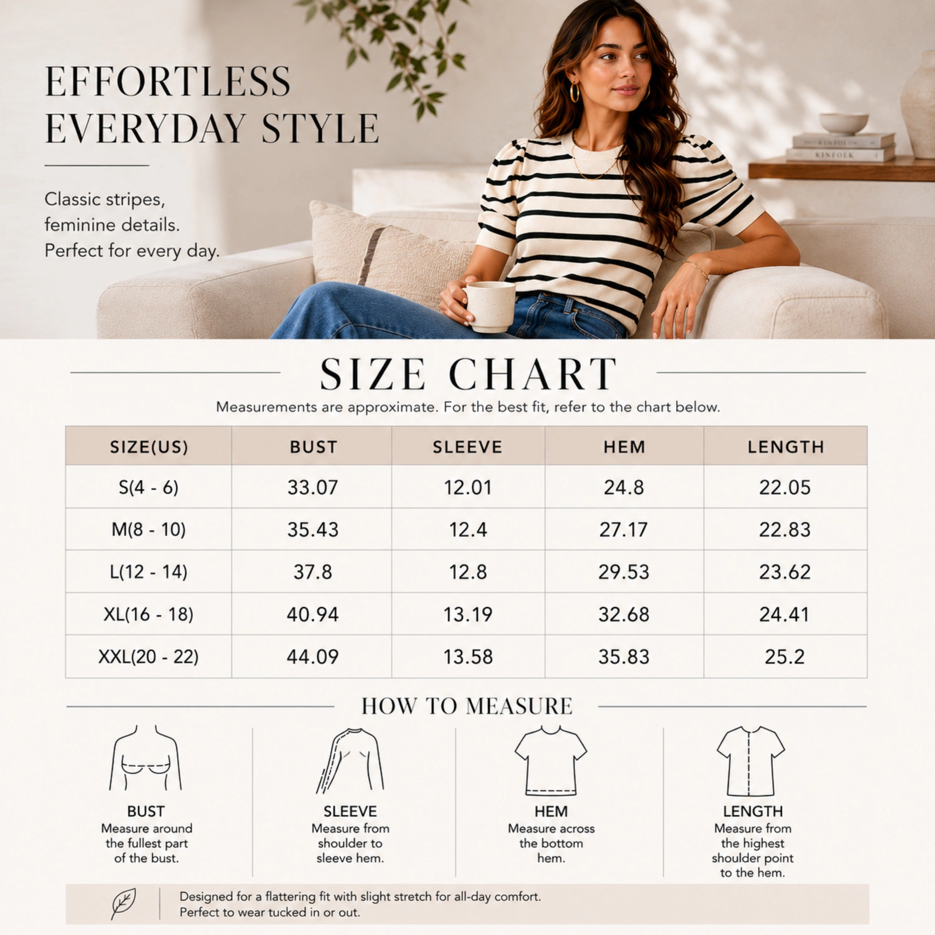 ZILPU Women's Striped Puff Sleeve Knit Top