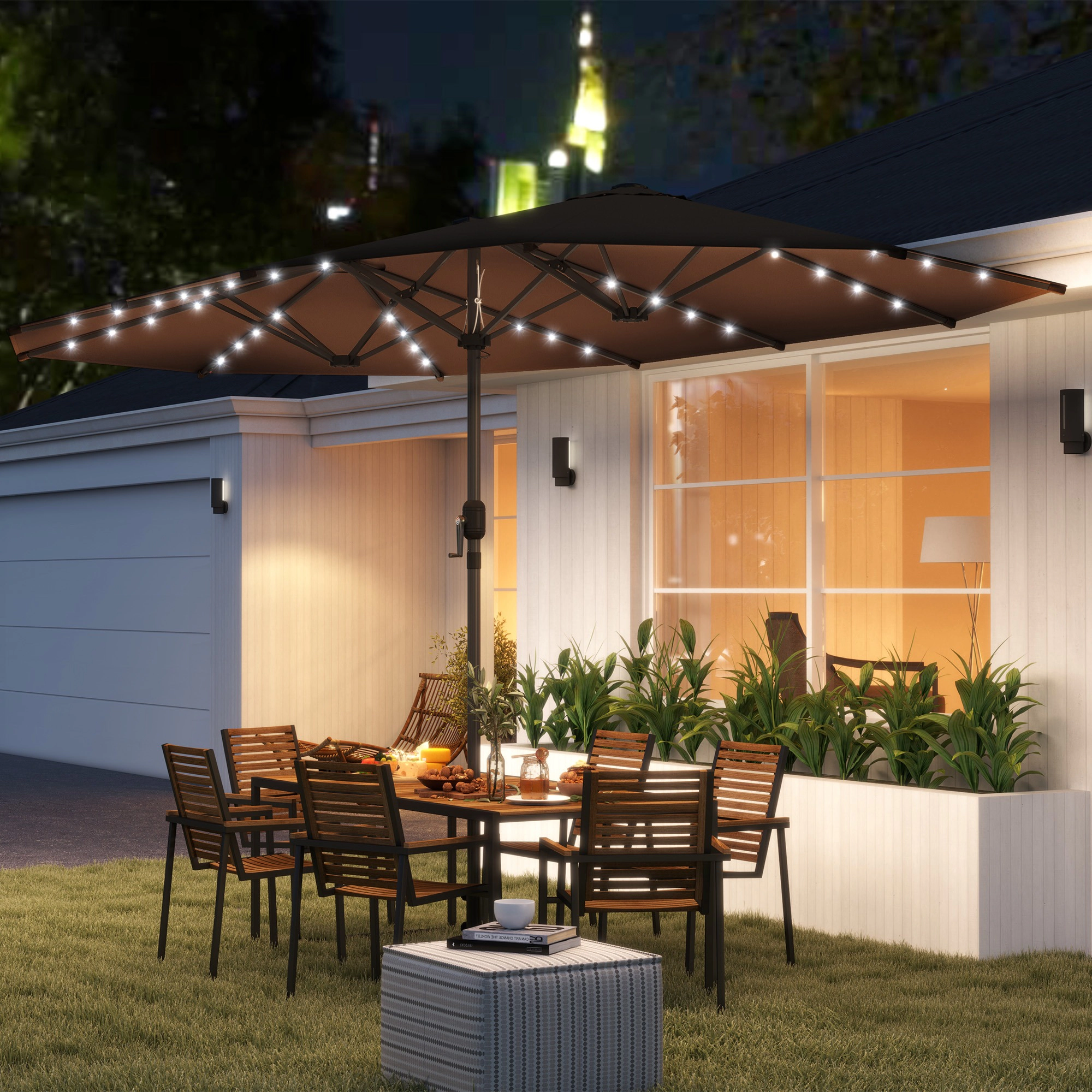 HONGGE Garden Parasol, Double-Sided Sun Umbrella with LED Solar Lights, Patio Parasol for Outdoor