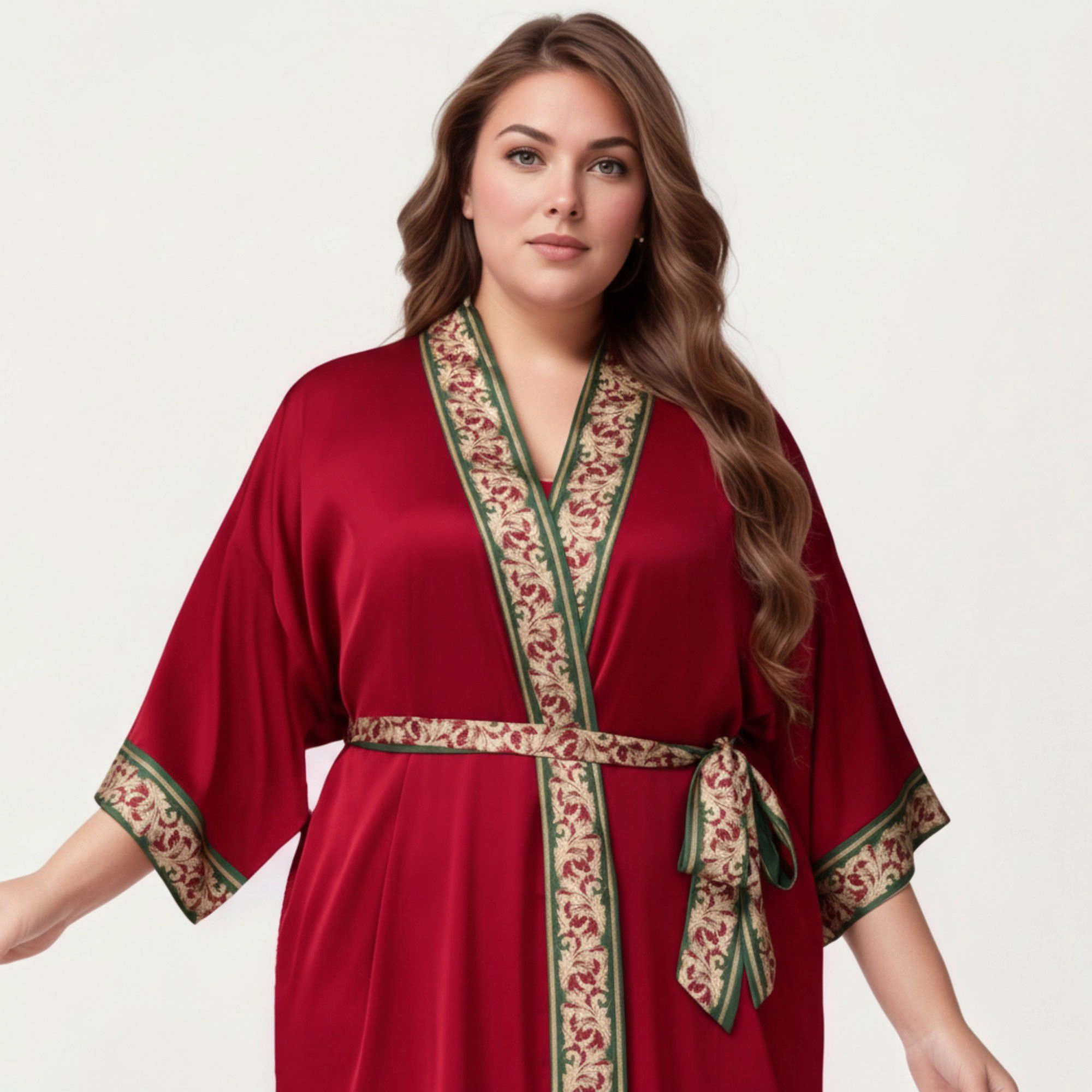 Anna-Kaci Women's Plus Satin Robe with Floral Trim Belted Kimono Sleeve Long Sleepwear