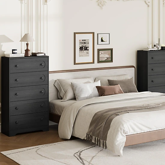 BebreezChic Mid-Century 5-Drawer Dresser, Tall Wide Chest, Deep Drawers, Metal Knobs, Wooden Frame, Black