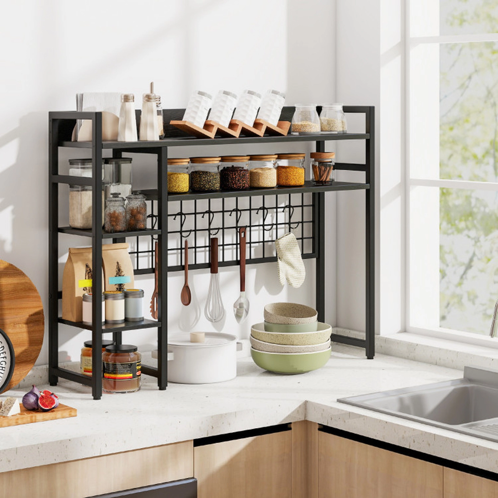 SUGIFT 4-Tier Black Desktop Bookshelf Desk Hutch with 6 Removable Hooks and Anti-Tipping Kits for Books