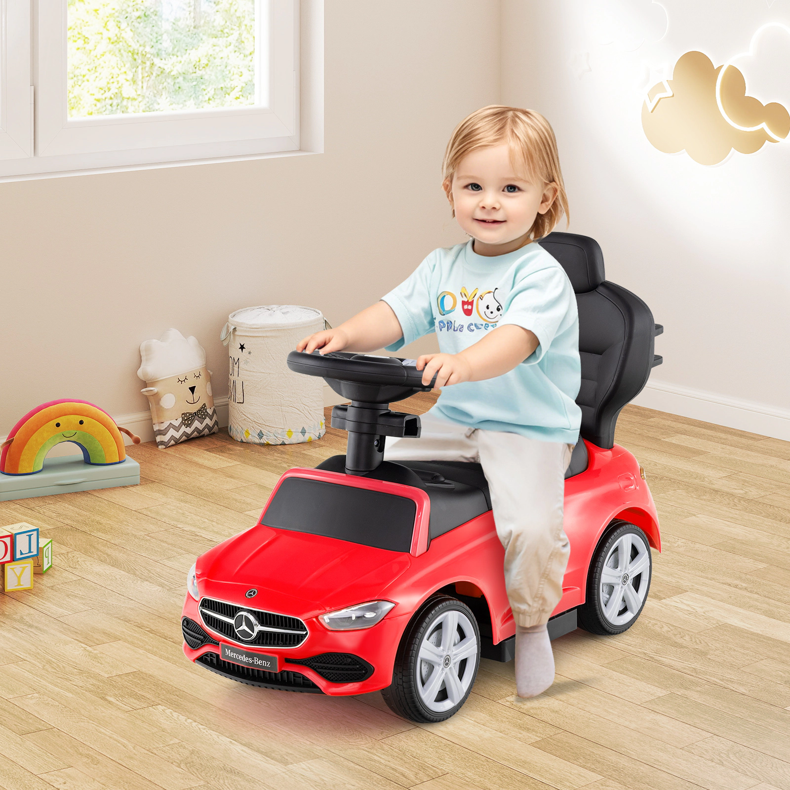 3-in-1 Toddler Push Car with Handle Canopy Guardrail and Under-Seat Storage for 18-36 Months Sliding Ride On Car