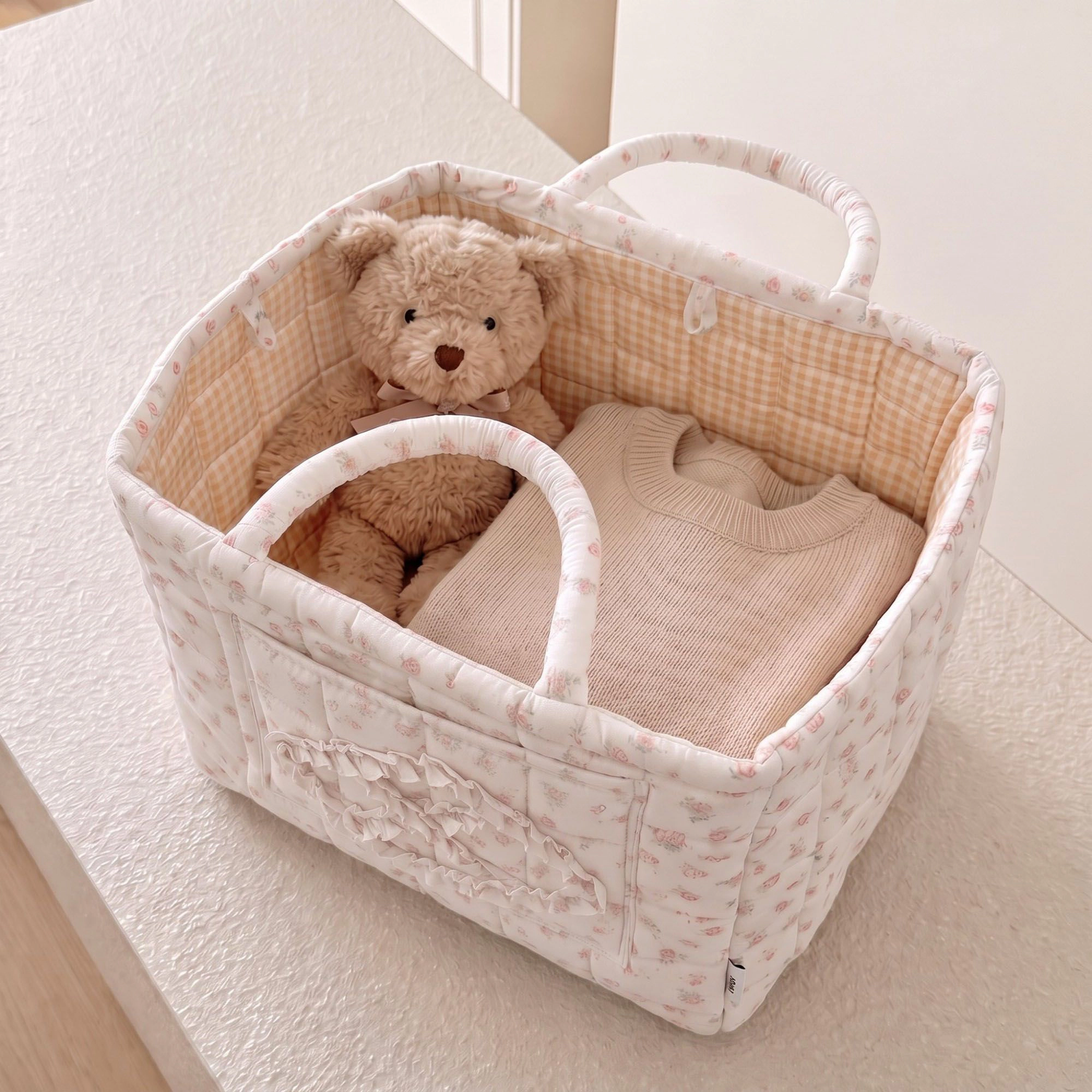 Alilang Unisex Floral Quilted Fabric Storage Tote with Handles and Pocket