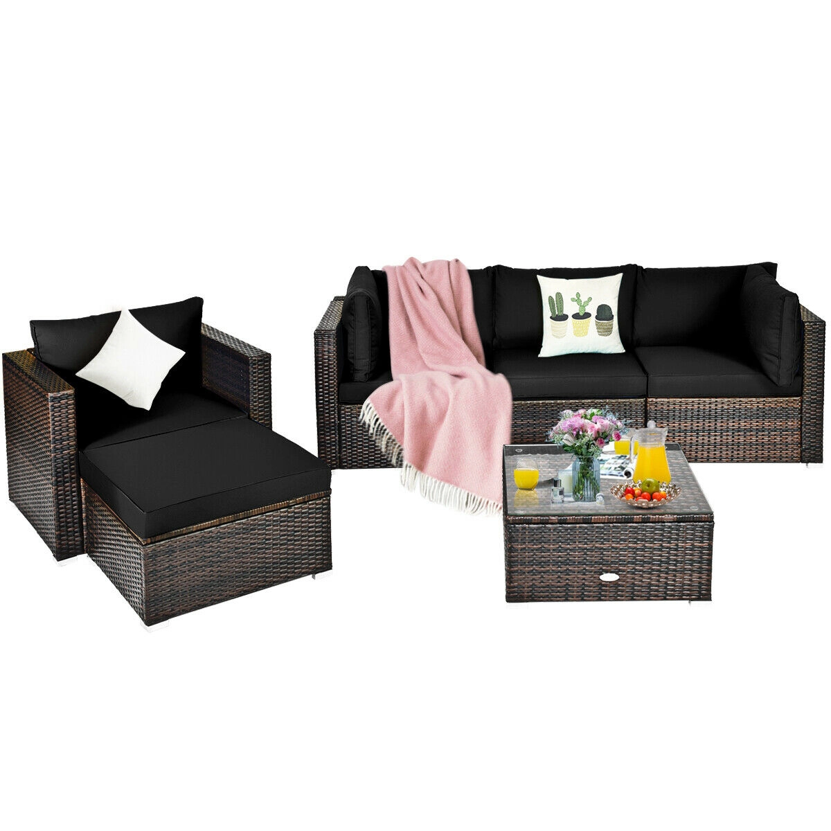 SUGIFT 6-Piece Black PE Rattan Patio Sectional Set with Glass-Top Ottomans and 4-Inch Cushions