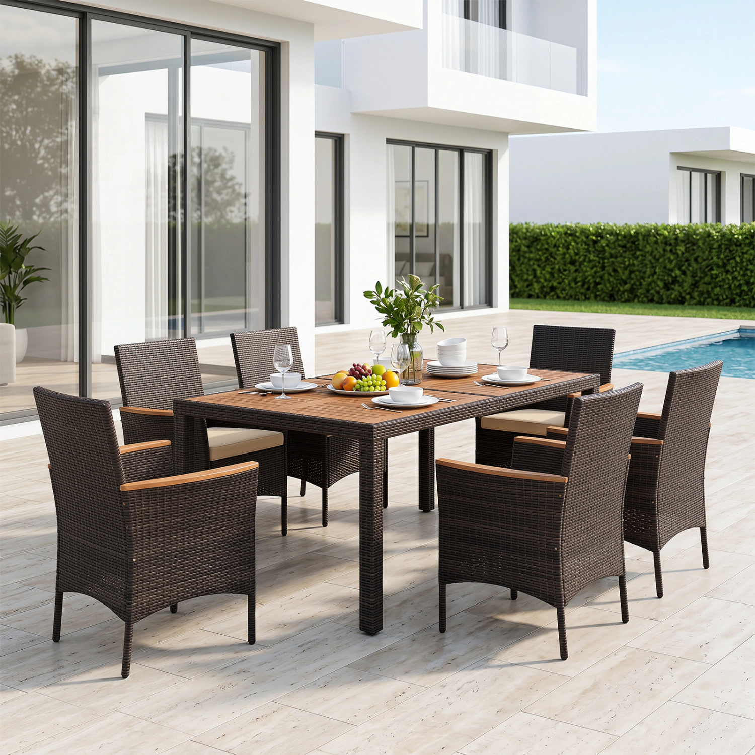 LJG 7-Piece Patio Dining Set with Wood Tabletop and Padded Cushion for Backyard