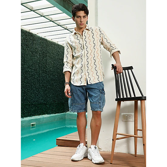 Off White Zigzag Pattern Full Sleeve Cotton Blend Shirt