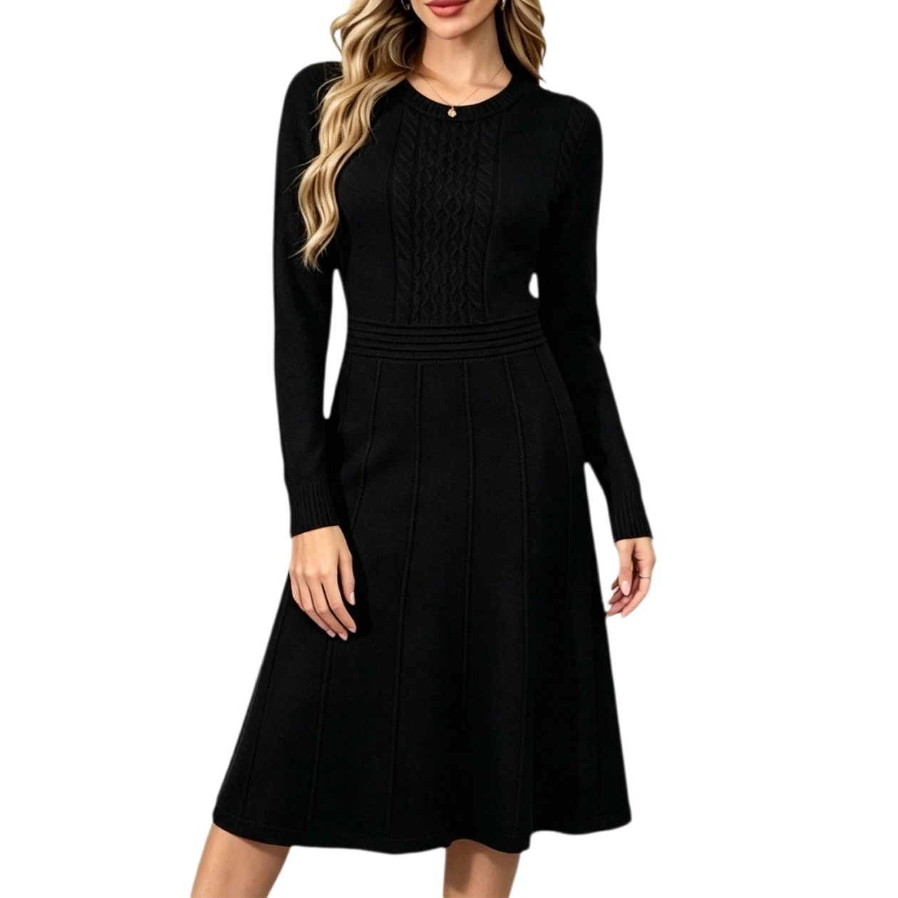 YesFashion Women's Casual Fall Long Sleeve Crew Neck Sweater Dress Cable Knit Midi Dresses