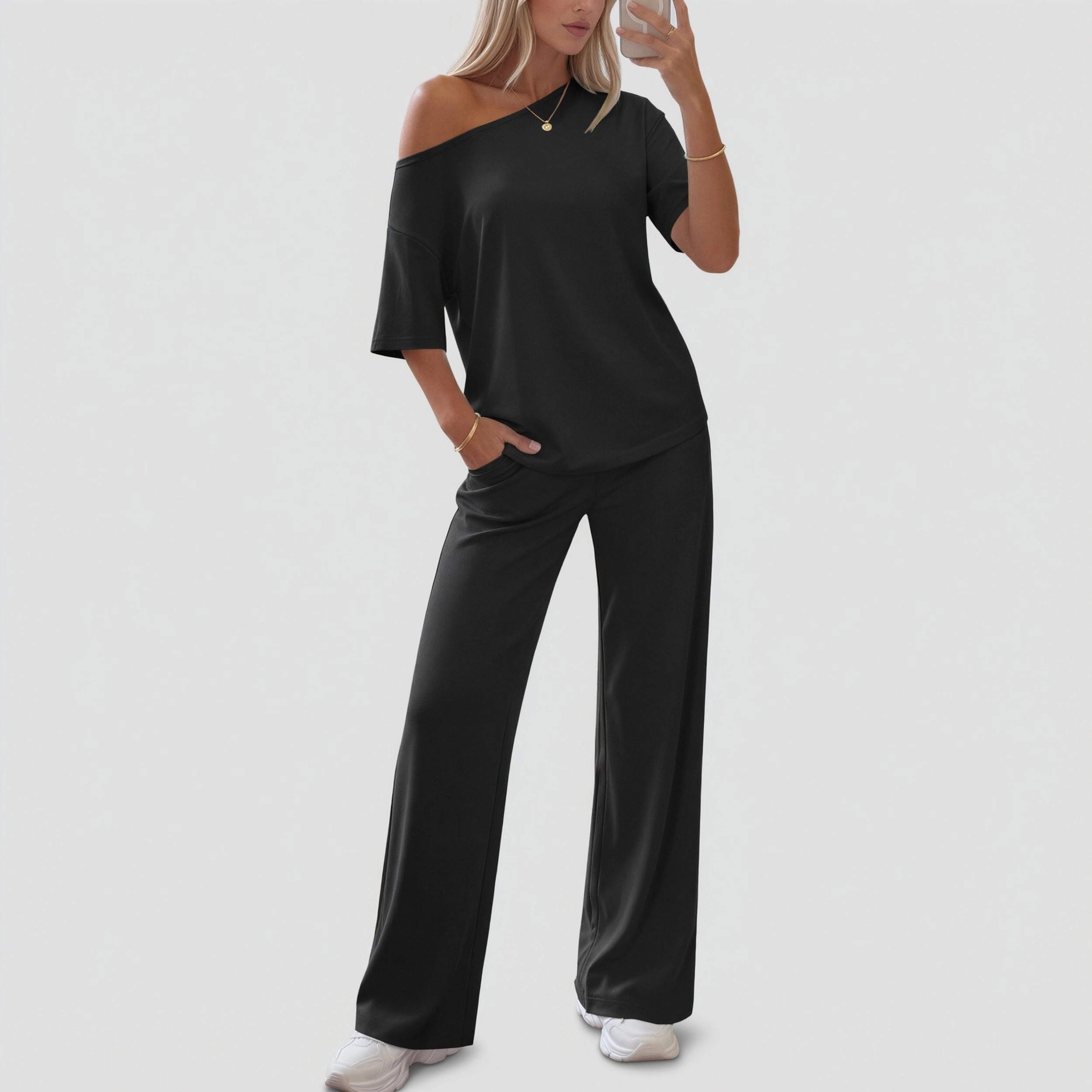 Ekouaer Lounge Sets Off Shoulder Tops and Long Pants Two Piece Set Summer Soft Matching Outfit