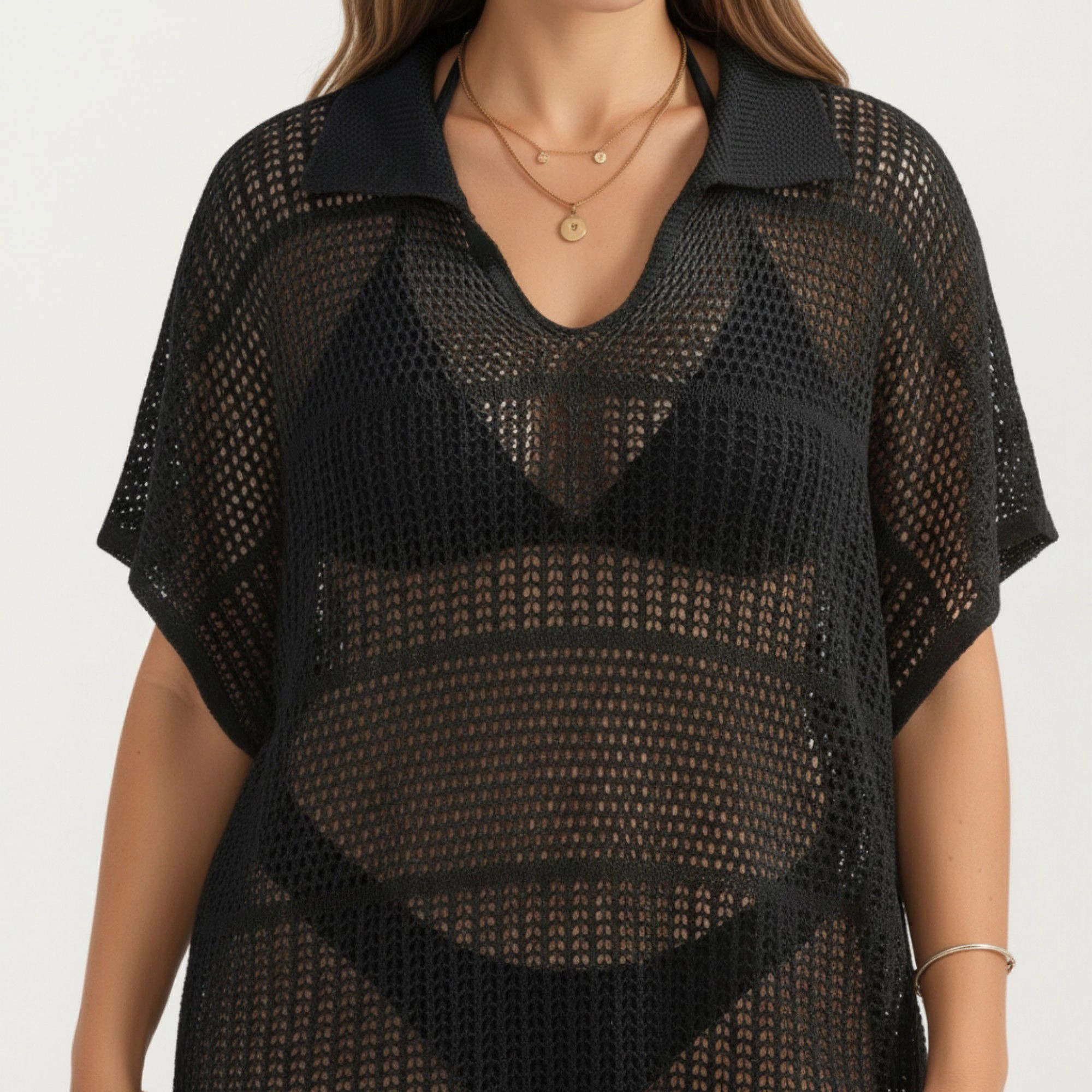Anna-Kaci Women's Mesh Open Knit Collared Neck Short Sleeve Relaxed Fit Swim Cover Up Dress