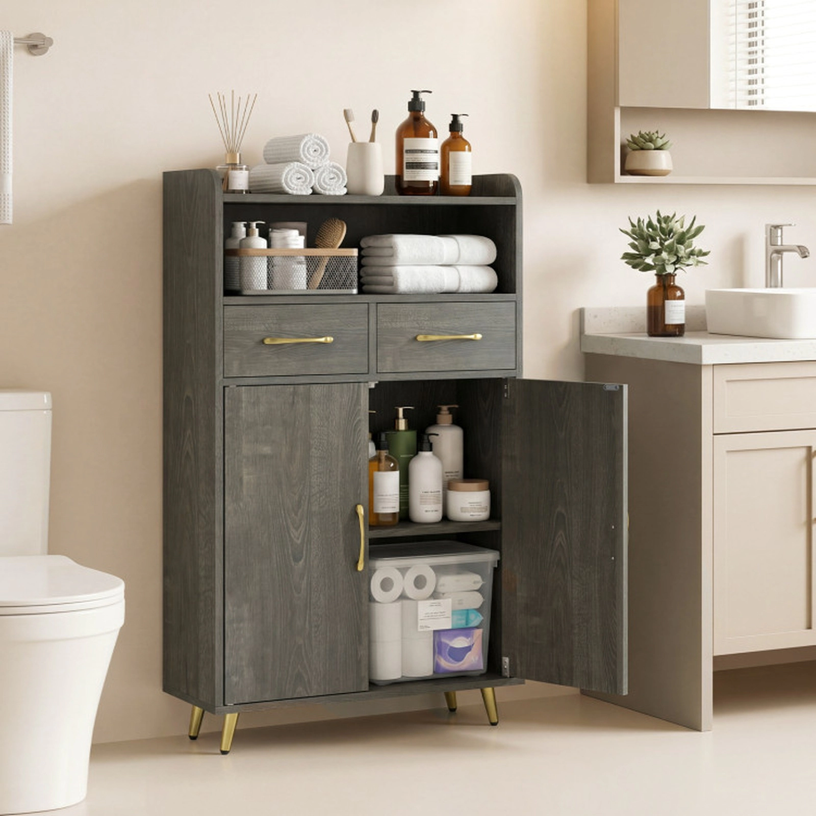 SUGIFT Gray Oak 44-lb Countertop Freestanding Bathroom Storage Cabinet with 2 Drawers 2 Doors and Adjustable Shelf