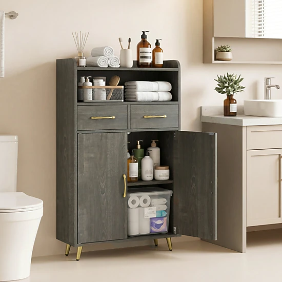 SUGIFT Gray Oak 44-lb Countertop Freestanding Bathroom Storage Cabinet with 2 Drawers 2 Doors and Adjustable Shelf