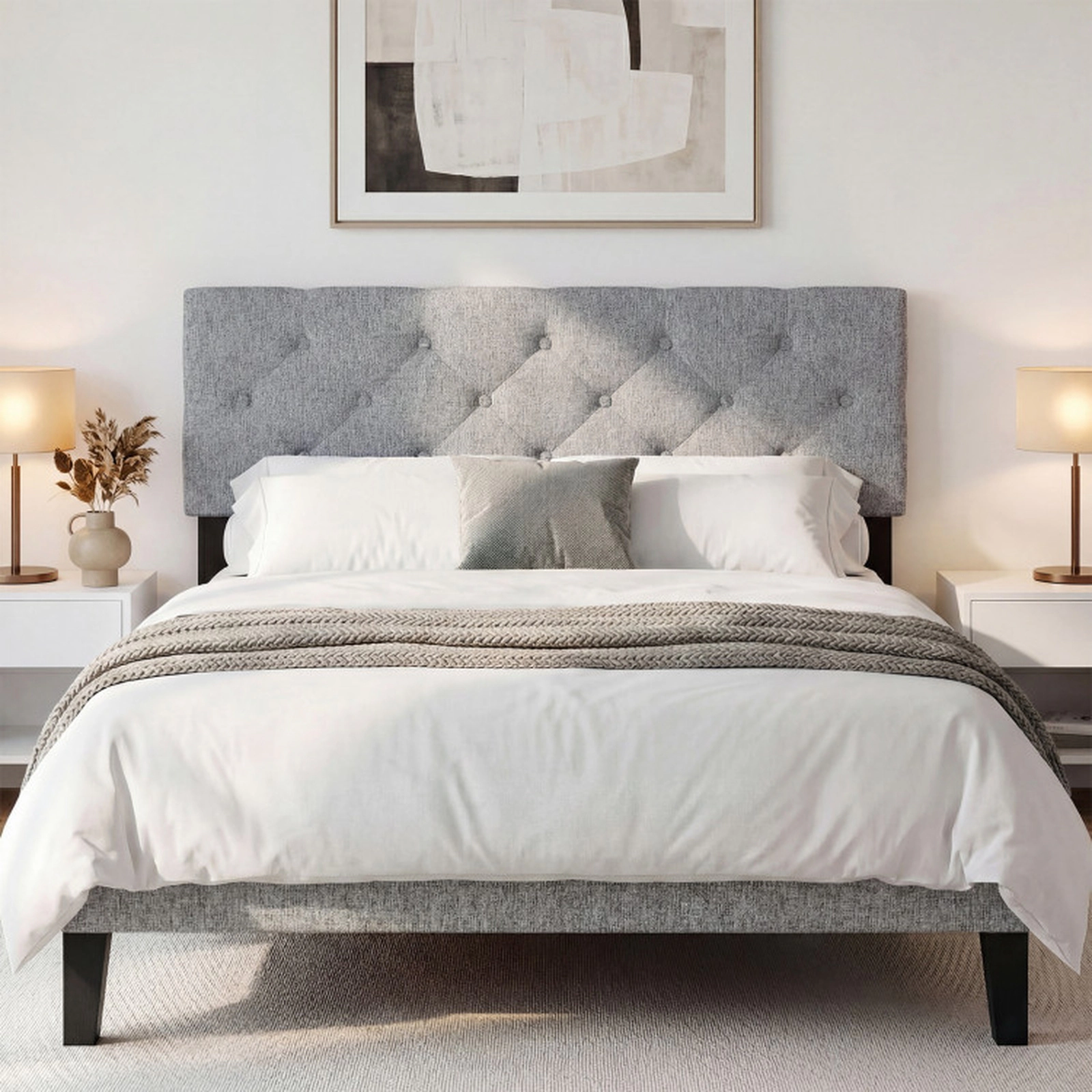 SUGIFT Tufted Faux Linen Panel Headboard for Full/Queen Beds 47-in Tall 63-in Wide Adjustable 55-in Leg Width Beige