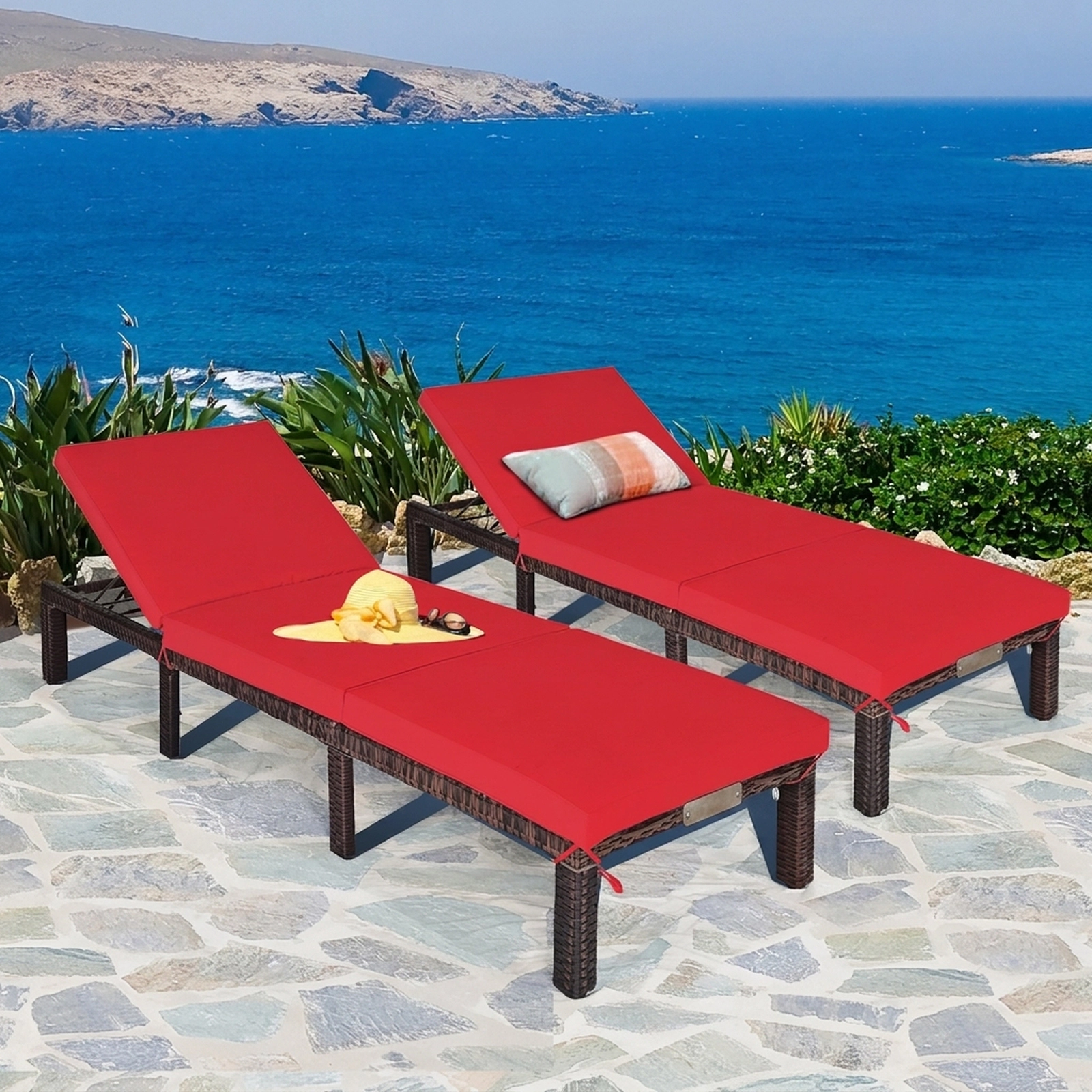 SUGIFT Red Outdoor Wicker Chaise Lounge with Cushion, 6 Reclining Positions