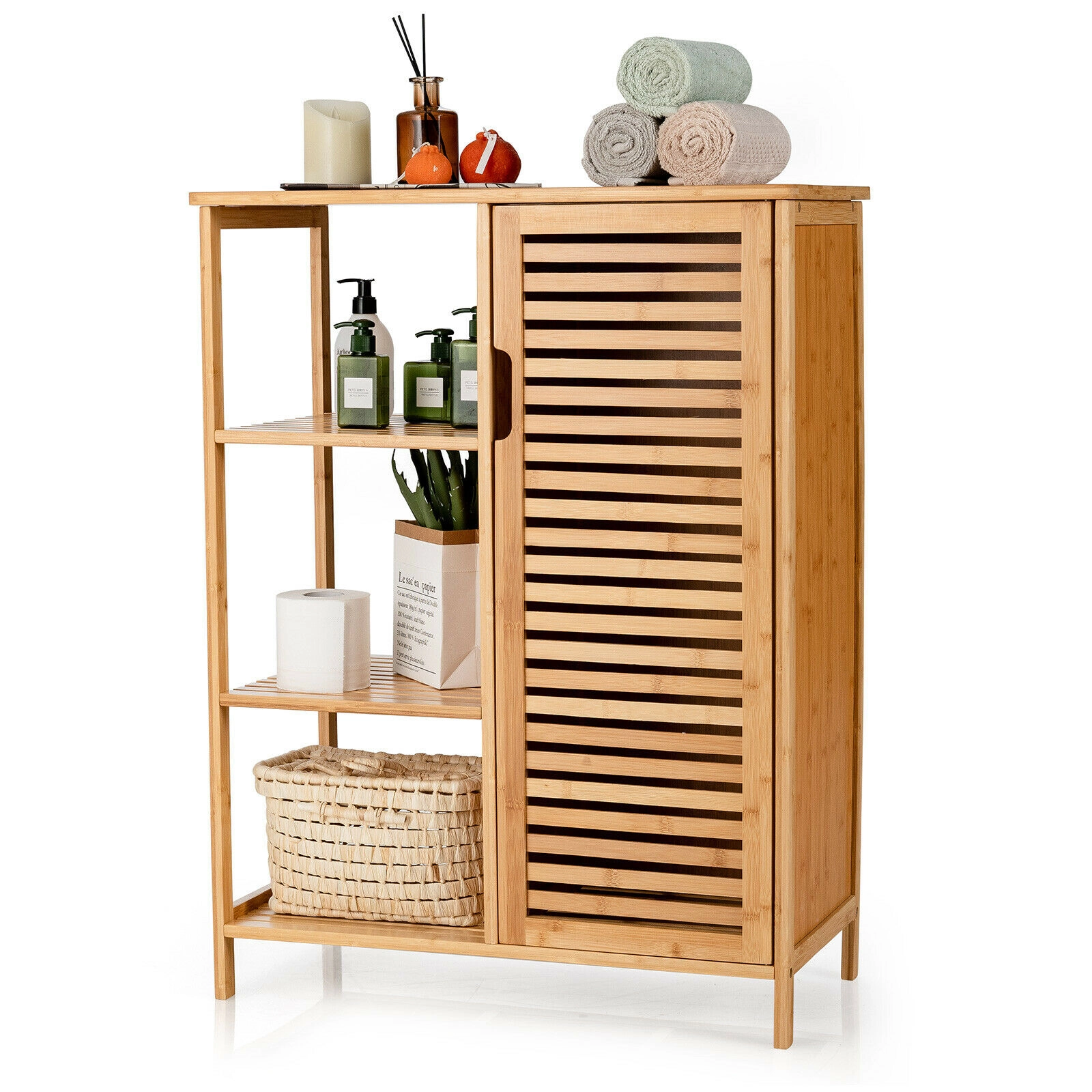 Slickblue Bathroom Floor Storage Cabinet Natural Wicker MDF Open Shelves Door Cabinet
