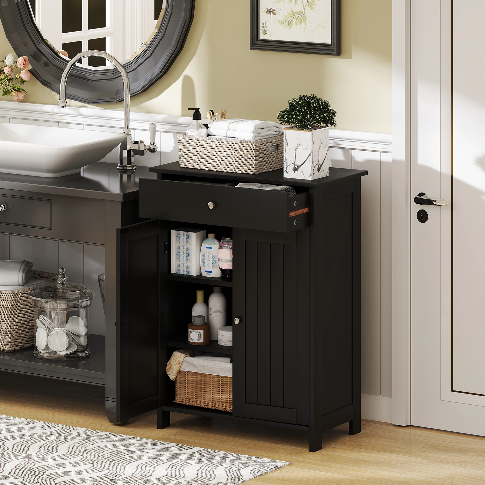 Slickblue Bathroom Floor Storage Cabinet Black MDF 2-Door Drawer Adjustable Shelf