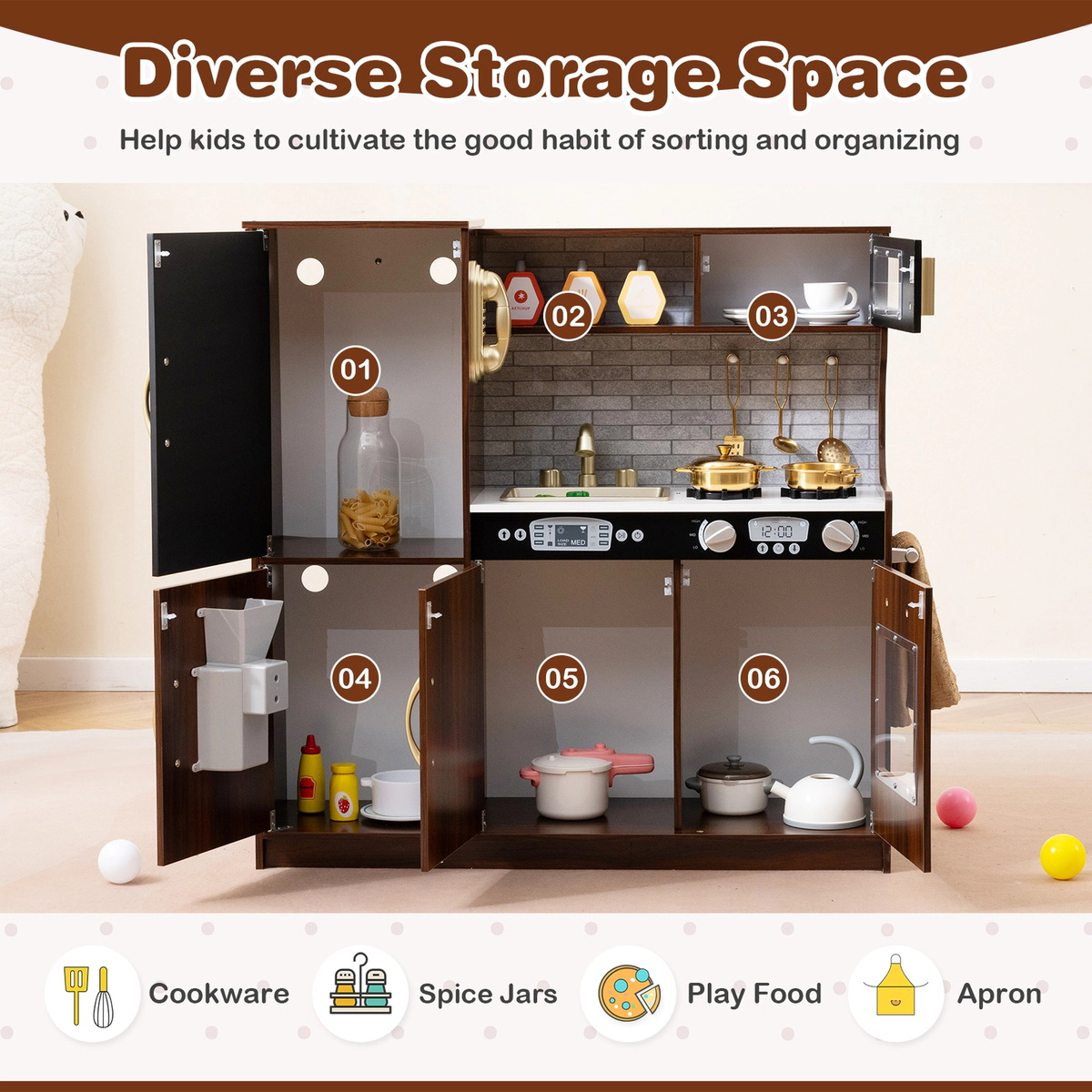 SUGIFT Toddler Pretend Play Kitchen with Sink Stoves Blackboard and Storage 32-in Frame Ages 3-6 Years Brown MDF