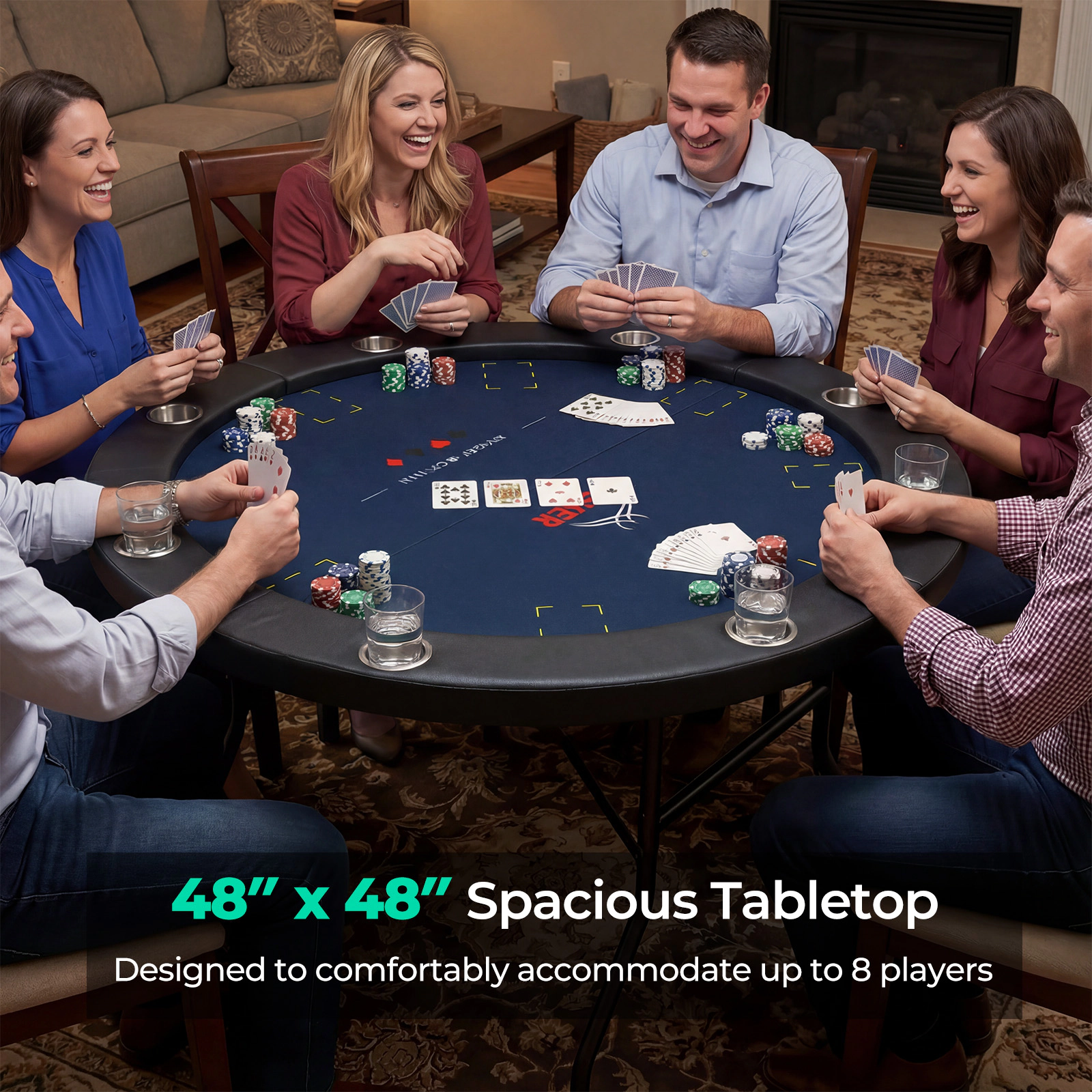SUGIFT 48-in 220-lb Capacity 8-Player Folding Poker Table with Metal Cup Holders and Padded PU Leather Rail