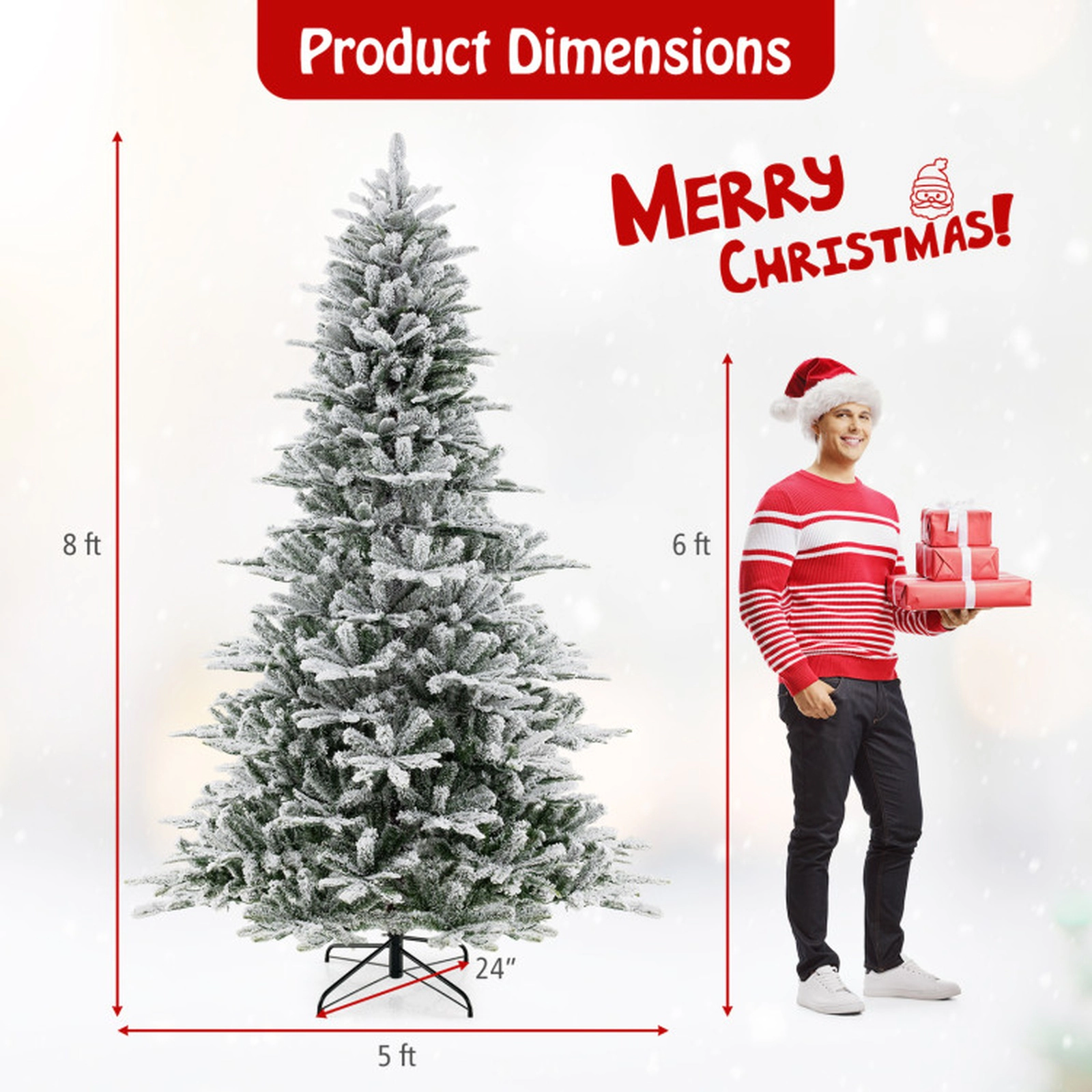 SUGIFT 8-ft Snow Flocked Pre-Lit Timer Artificial Christmas Tree 1447 Branch Tips 800 LED Lights 3 Sections White