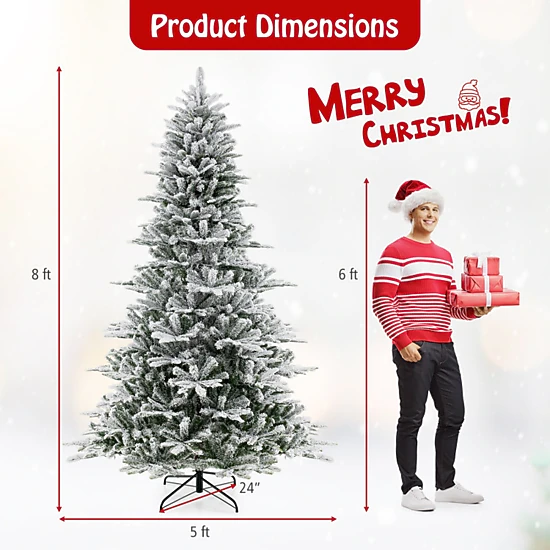 SUGIFT 8-ft Pre-Lit Snow Flocked Artificial Christmas Tree with 800 Cool White LED Lights Timer and Remote White