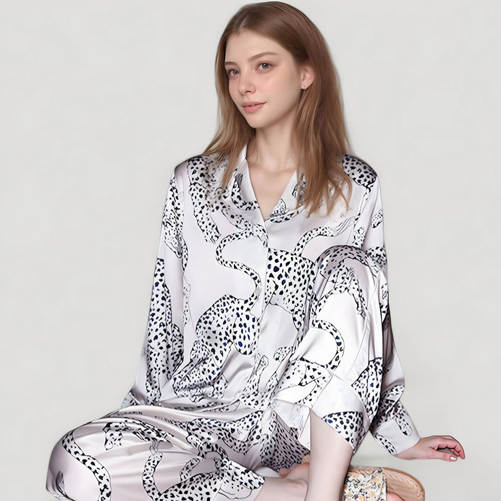 Anna-Kaci Women's Cheetah Print Woven Pajama Set with Long Sleeve Button Down Top and Relaxed Fit Straight Leg Pants