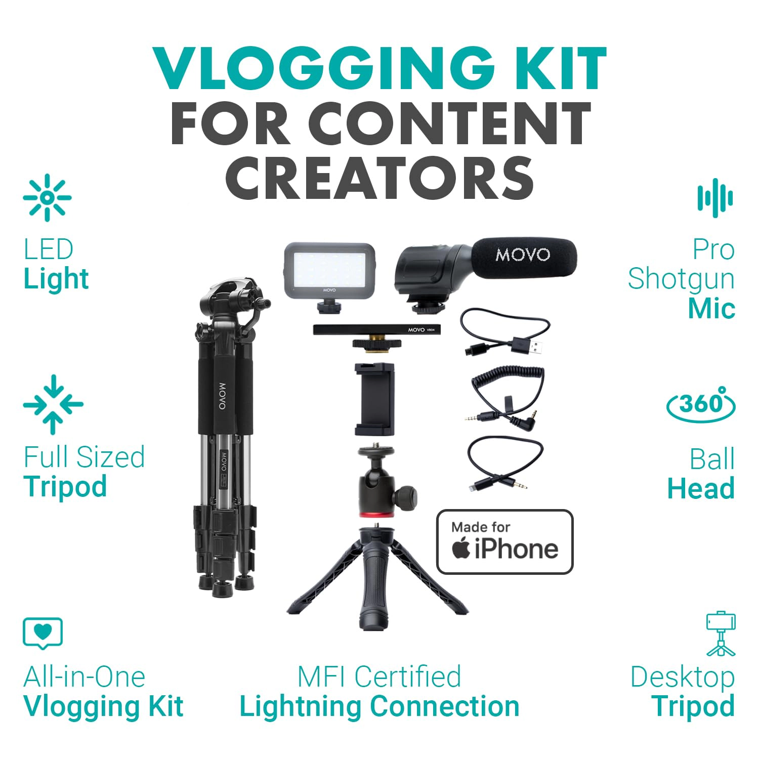 Movo iVlogger Vlogging Kit for iPhone with Fullsize Tripod