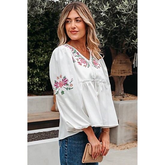 Threaded Pear Women's Skylar Flower Lace-up Babydoll Blouse