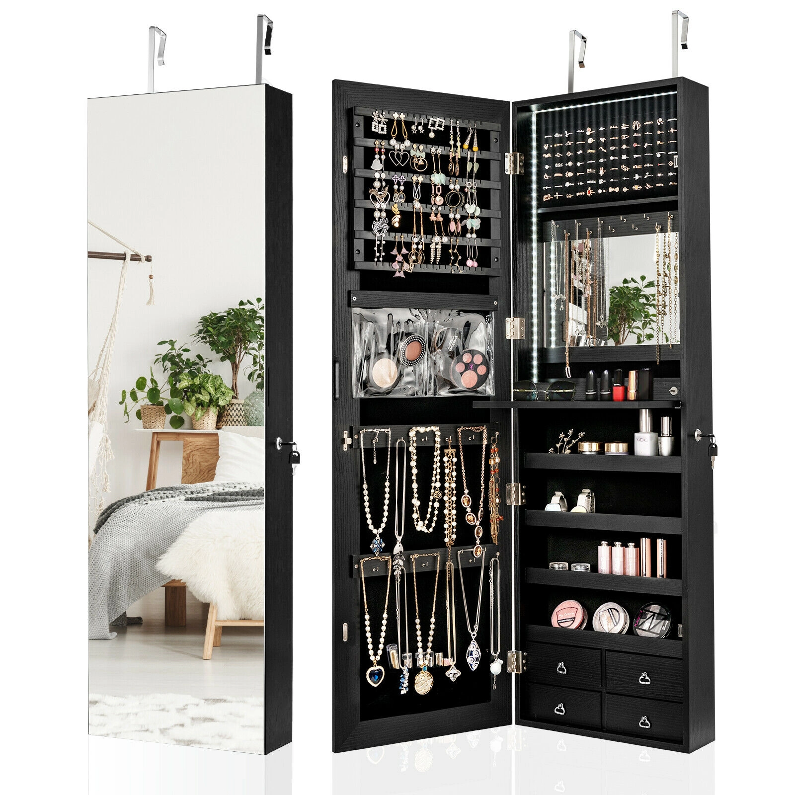 SUGIFT 47-in Wall or Door Mounted Black Jewelry Cabinet Organizer with 4 Drawers and Full-Length Mirror