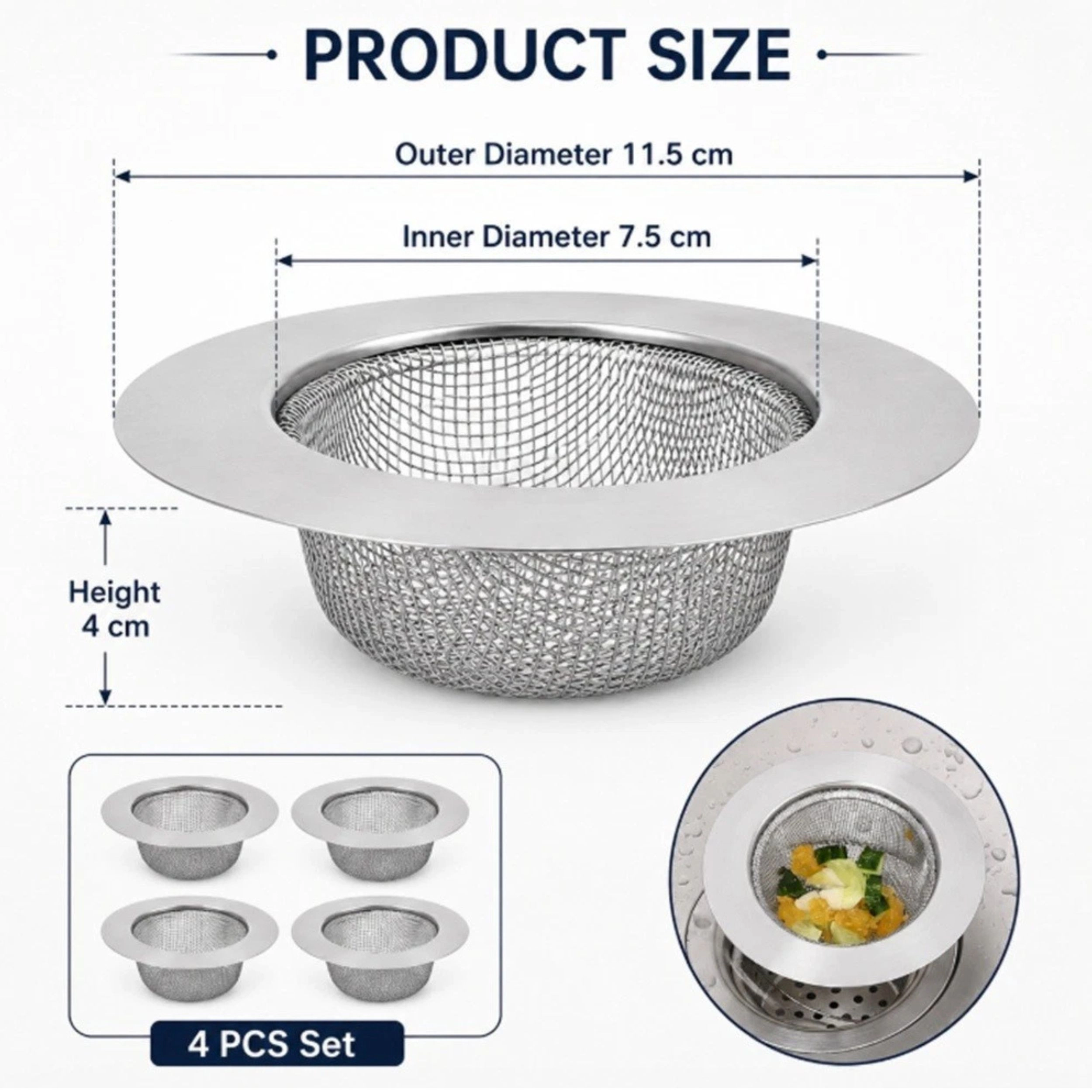 Home Collection Pack of 4, 4.5" Stainless Steel Kitchen Sink Strainer Drain Basket Set