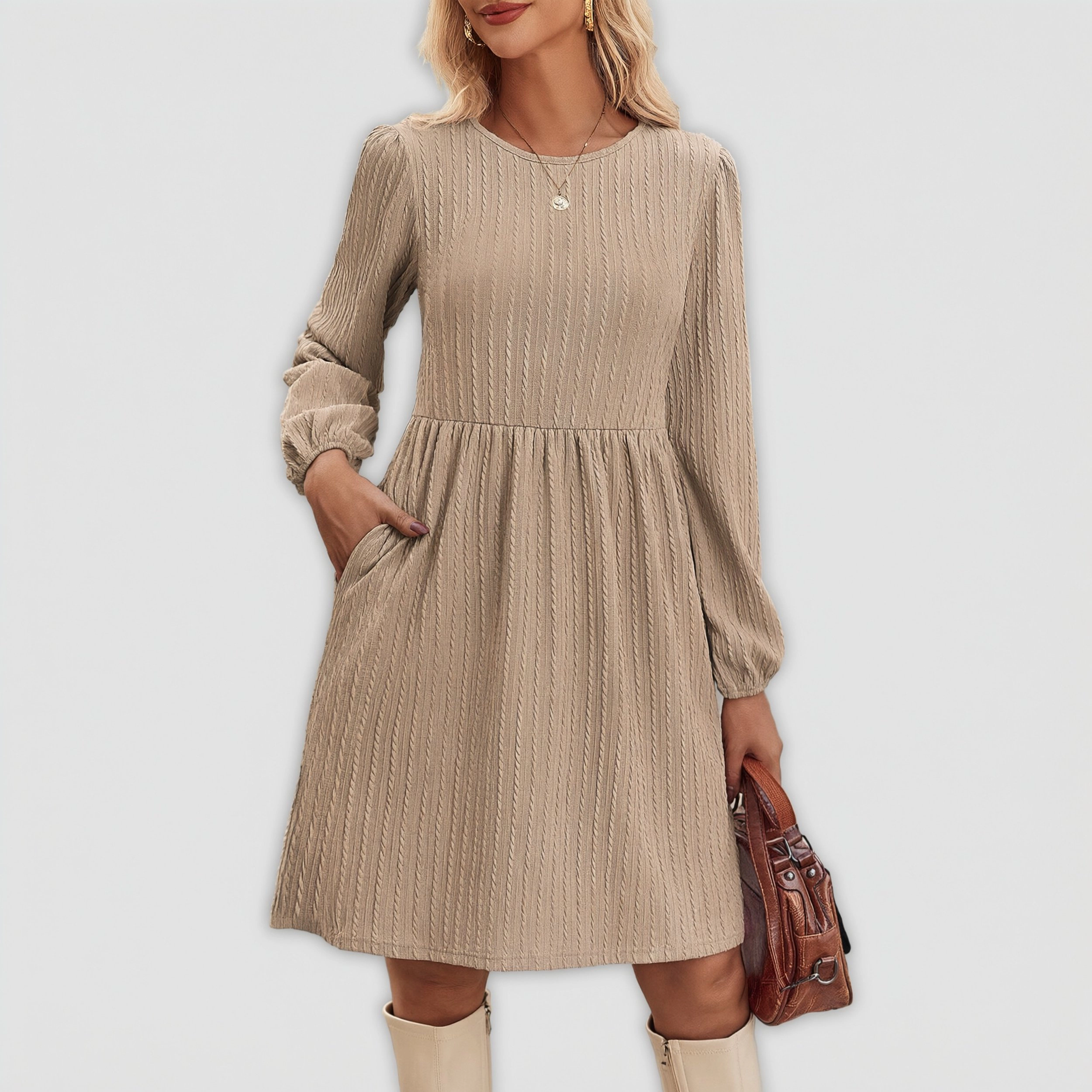 Zeagoo Women's Round Neck Long Sleeve Knee Length Dress