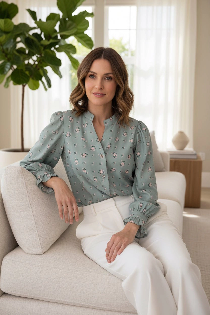 DressAtR Women's Boho Bell Sleeve V Neck Button Front Blouse