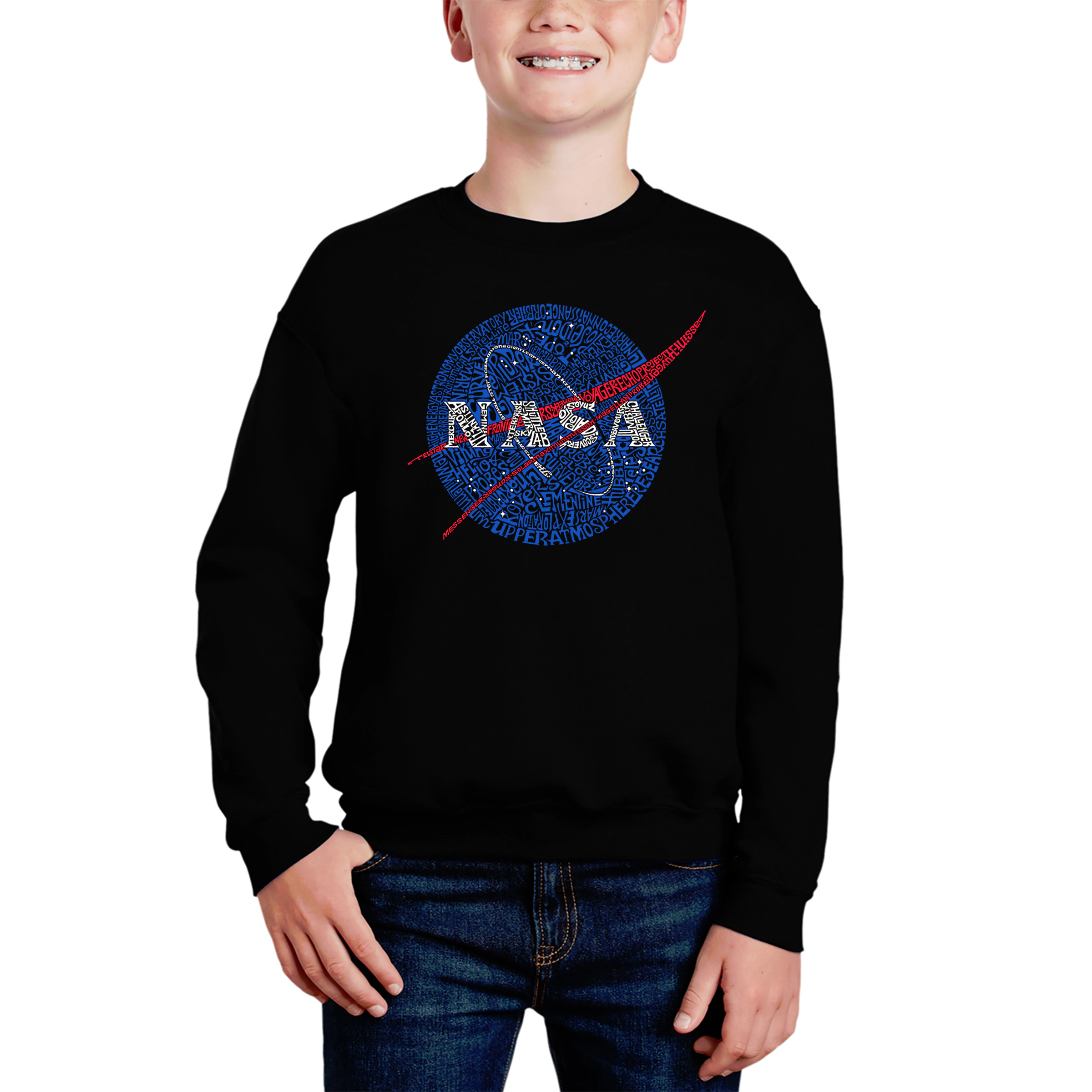 LA Pop Art Boy's Word Sweatshirt - Nasa's Most Notable Missions
