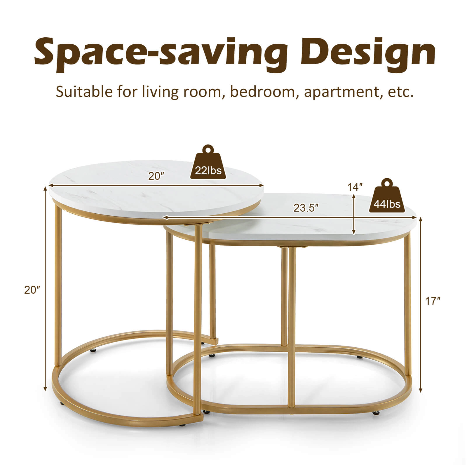 SUGIFT Modern Nesting Coffee Table Set of 2 with MDF Tops Accent Tables 22-lb and 44-lb Capacity Marble and Golden