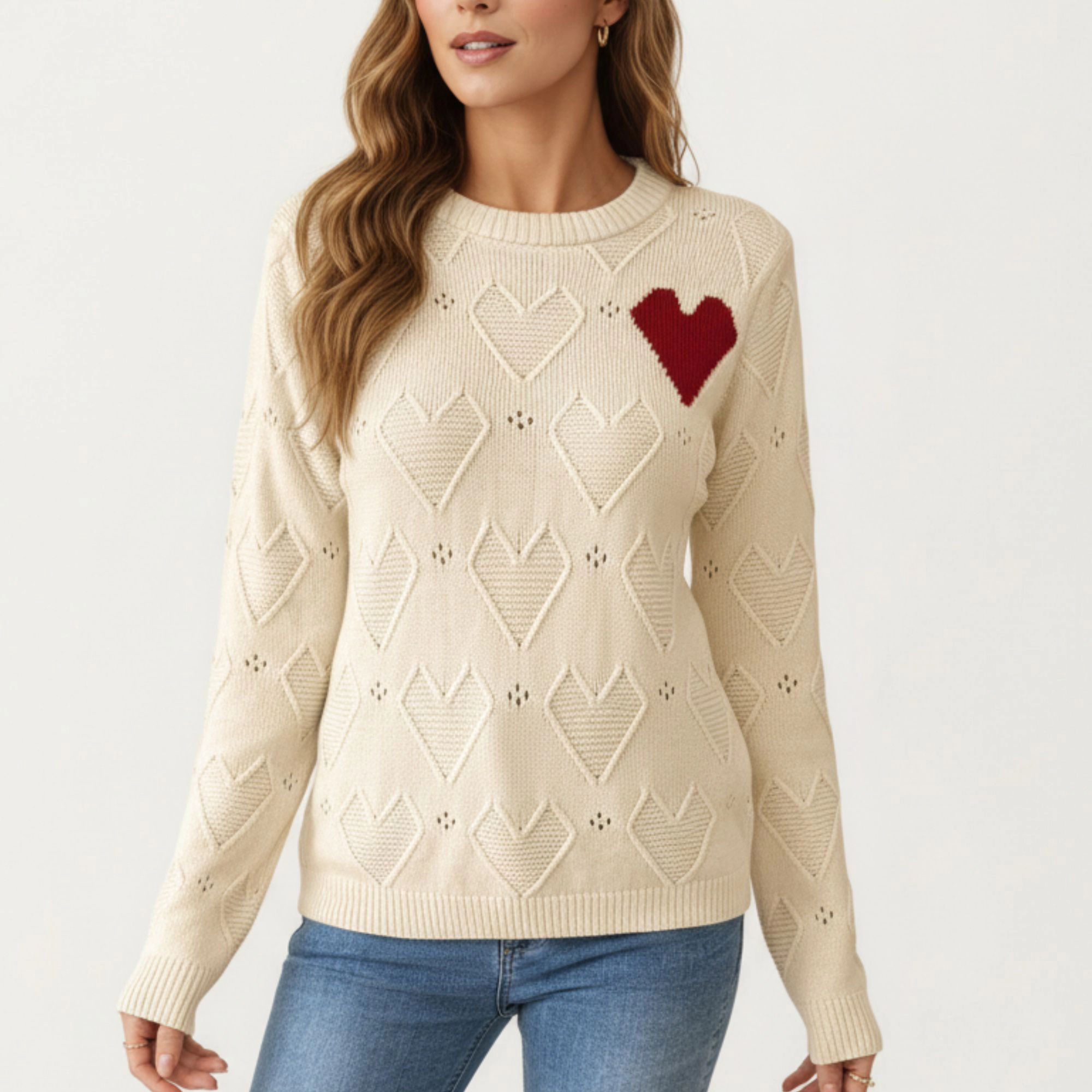 Anna-Kaci Women's Knit Top with Textured Valentine Heart Pattern and Contrast Accent Detail
