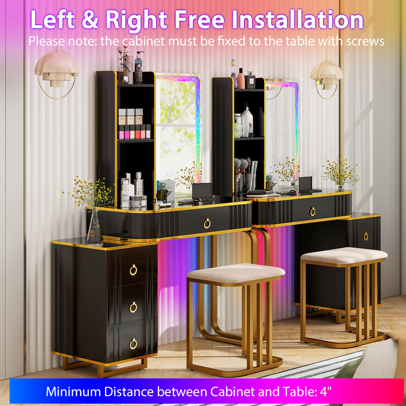 SUGIFT 2-Piece Black 54-Inch Vanity Desk Set with RGB Mirror Lights, Wireless Charging and Cushioned Stool