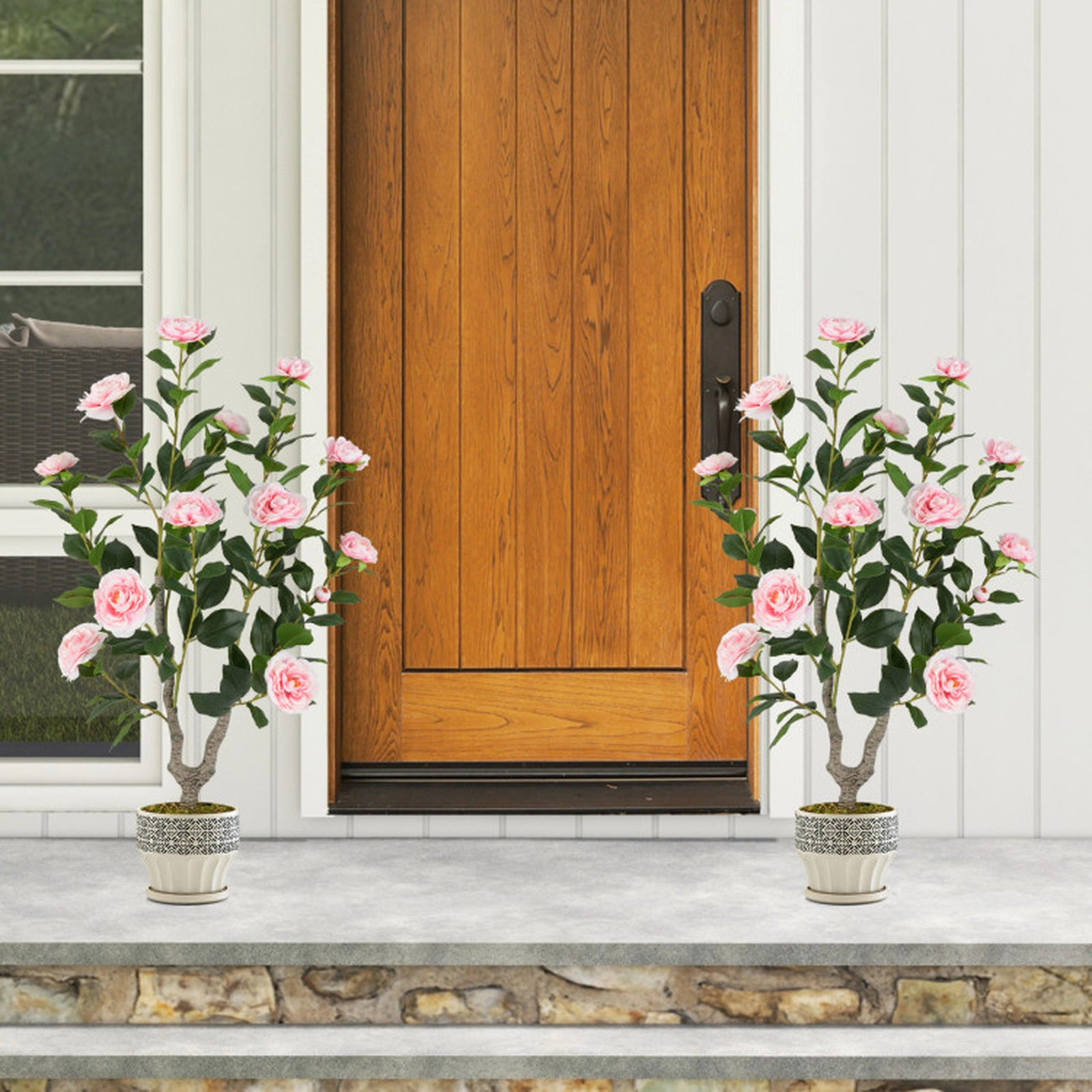 SUGIFT Set of 2 36-in Artificial Camellia Trees with Blooming Flowers and Cement-Filled Pots
