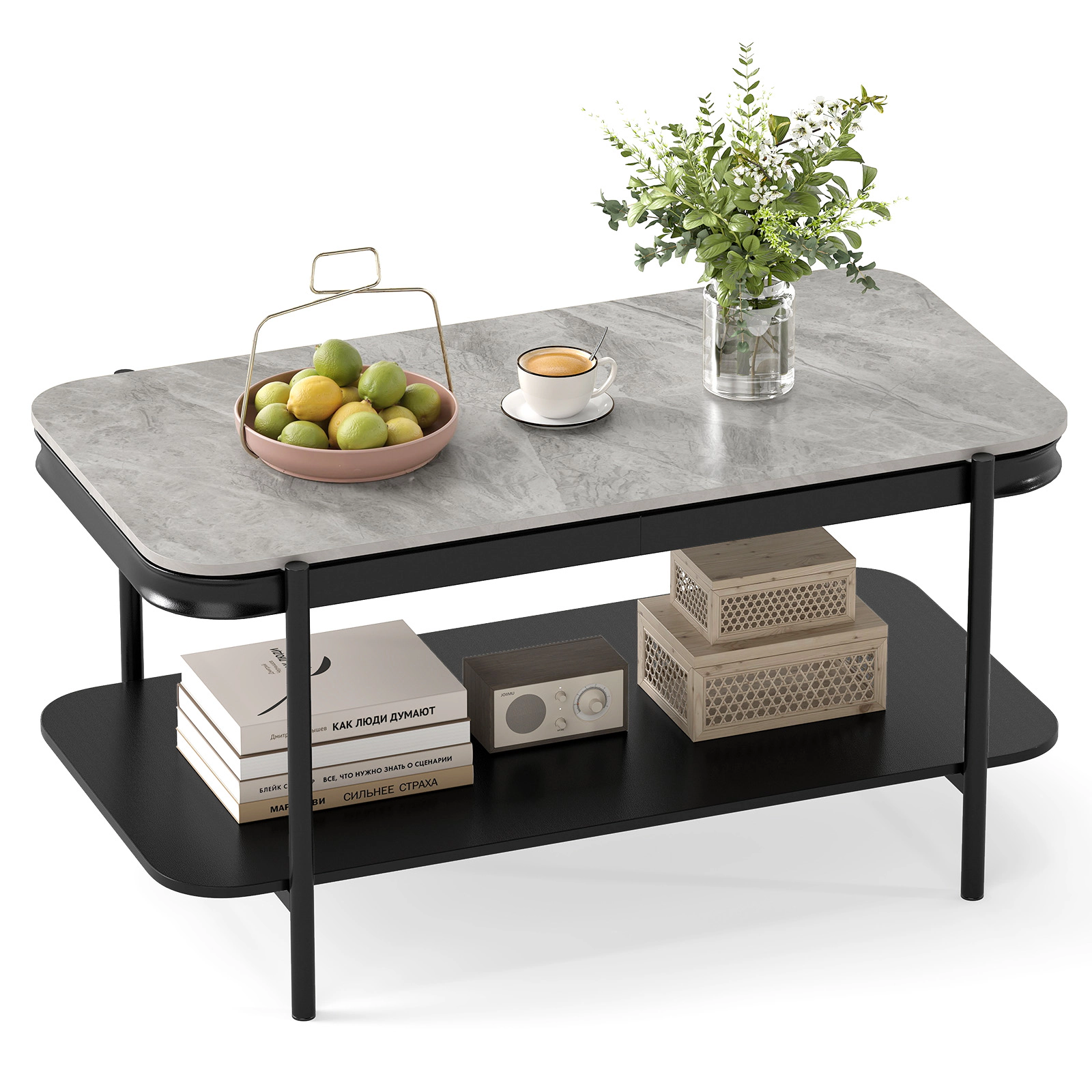 SUGIFT 2-Tier Sintered Stone Top Black Metal Frame Modern Coffee Table 35.5-in x 19.5-in x 18-in 100-lb Capacity Gray