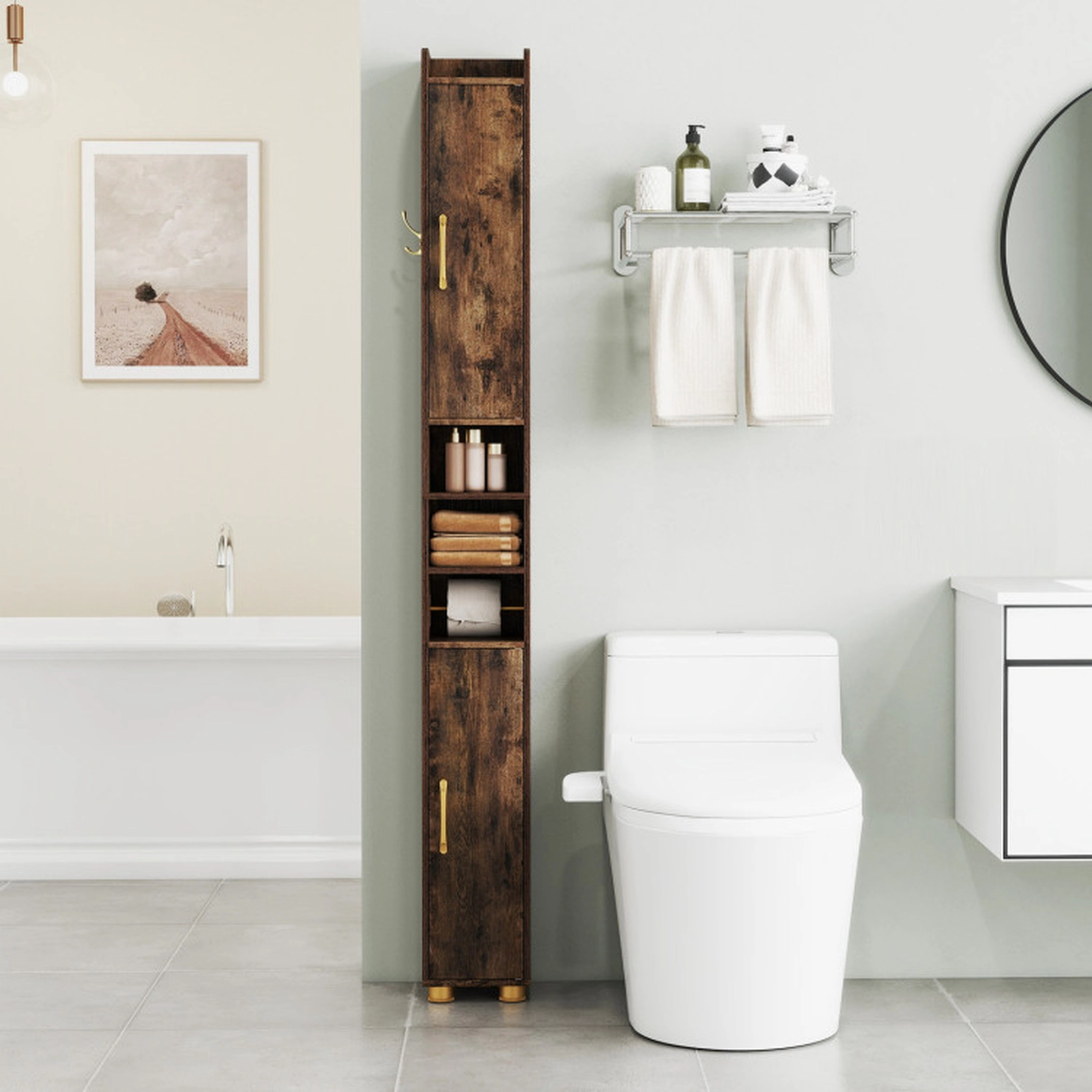 SUGIFT Narrow 8 x 8 in Bathroom Storage Cabinet with Open Shelves, Toilet Paper Holder and 4.5-lb Hook Capacity Brown